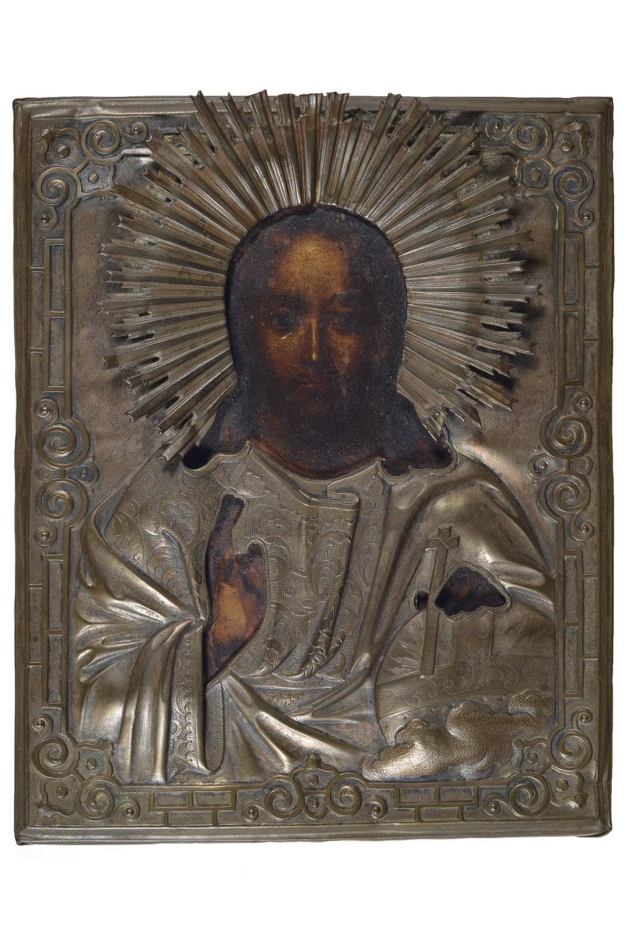 Ikone, Russland, um 1880, Christus Pantokrator, Tempera auf Holz, geprägtes Messingoklad, best., ca.