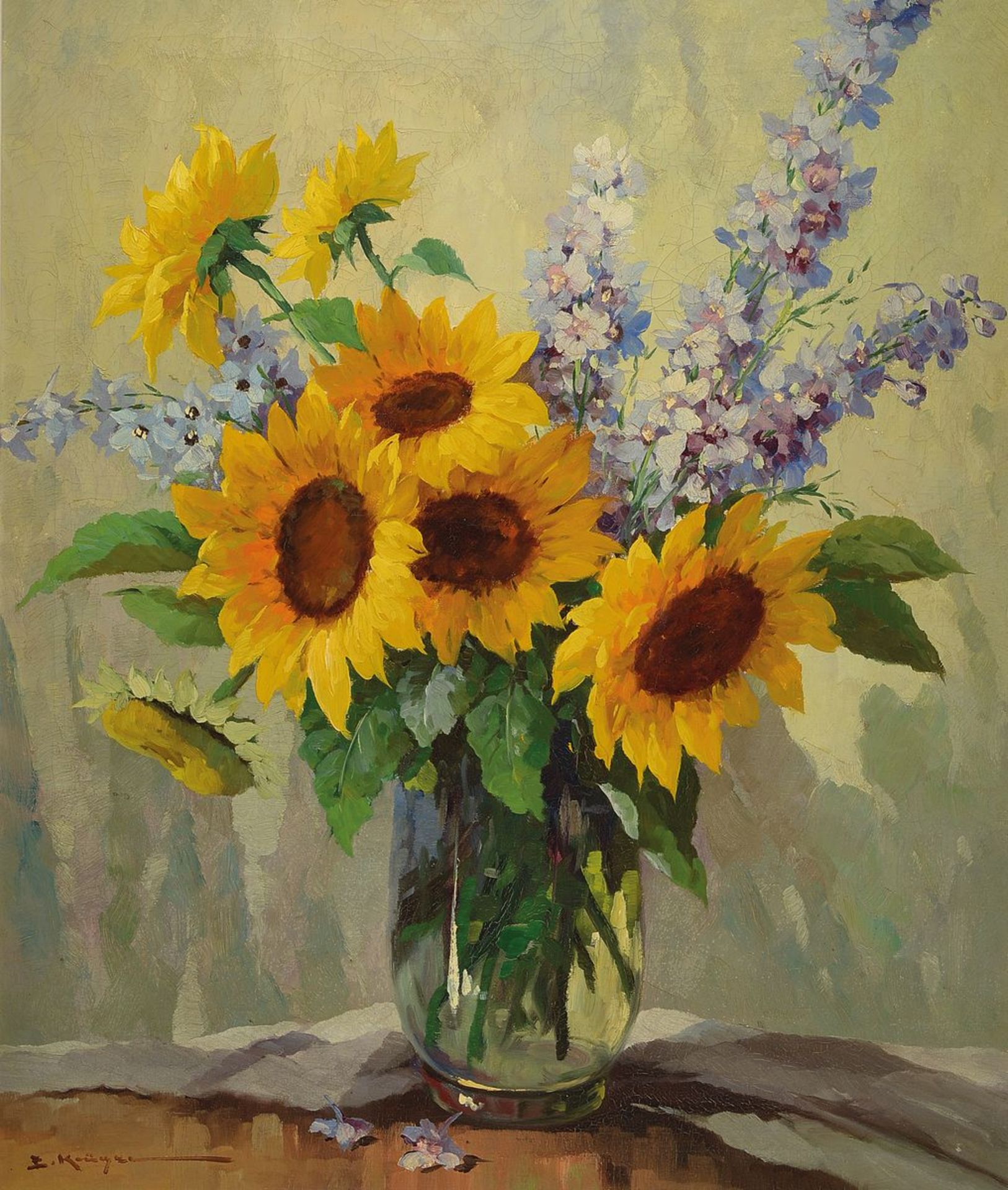 Elisabeth Krüger, 1864-?, Stillleben mit Sonnenblumen und Veilchen, Öl/Lwd, links unten signiert,