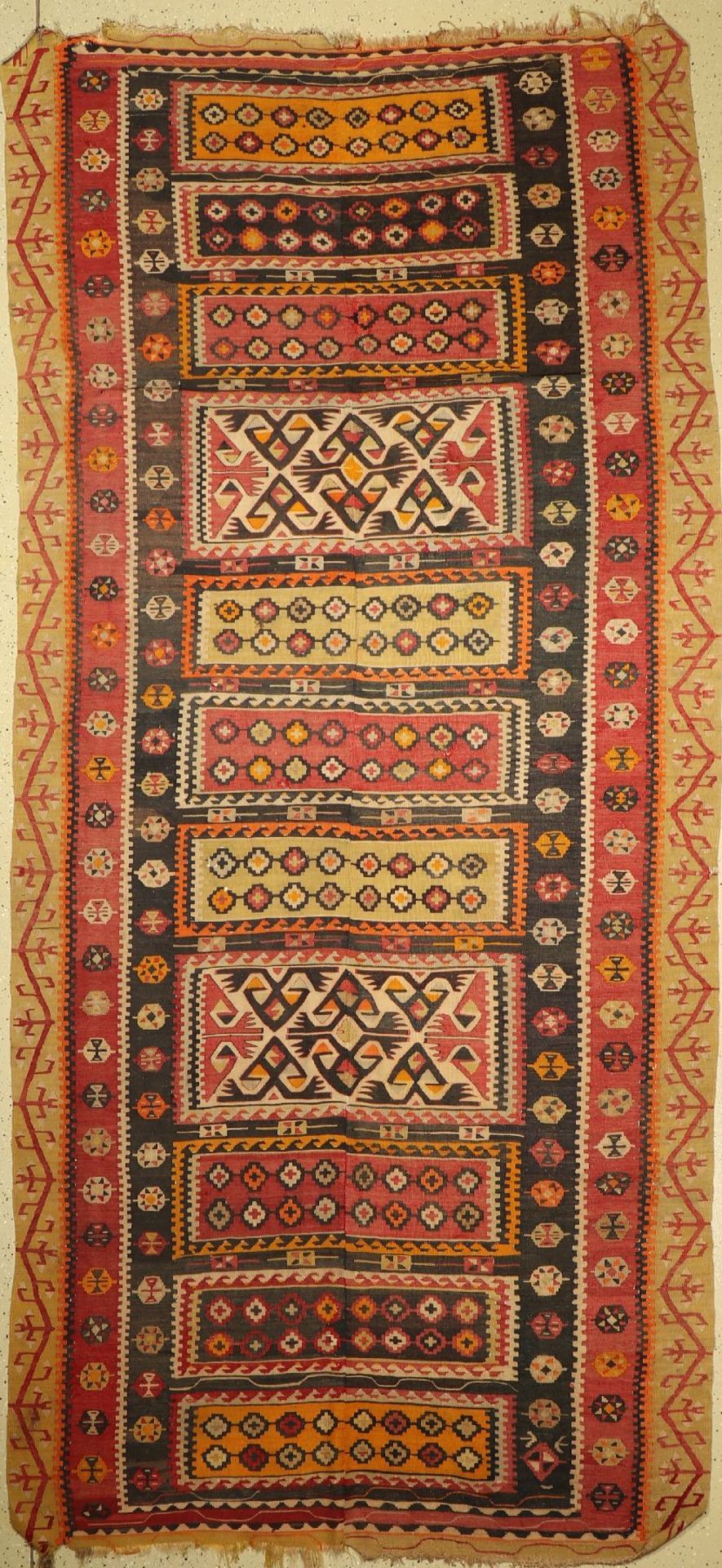 Anatolischer Kelim alt, Türkei, Corum-Cankiri, um 1920/1930, Wolle auf Wolle, ca. 345 x 160 cm, EHZ: