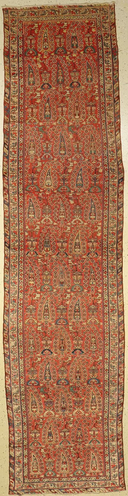 Kurdische "Galerie" antik, Baum-Muster, Persien, um 1890, Wolle auf Baumwolle, ca. 371x 90 cm, feine