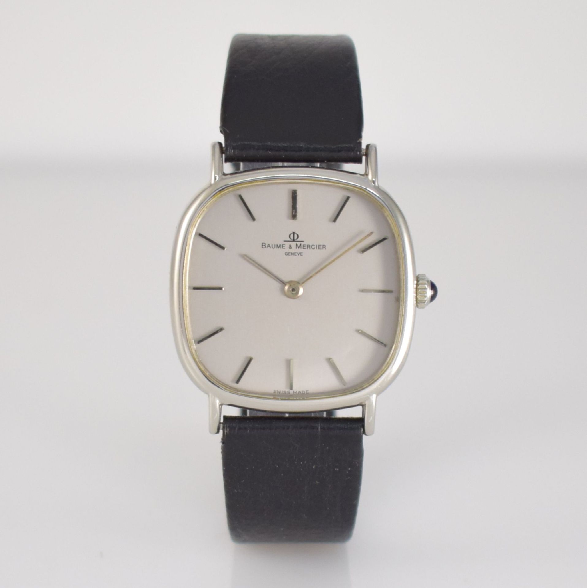 BAUME & MERCIER Armbanduhr, Handaufzug, Schweiz um 1970, Edelstahlgeh., Boden aufgedr., Lederband m. - Bild 3 aus 7