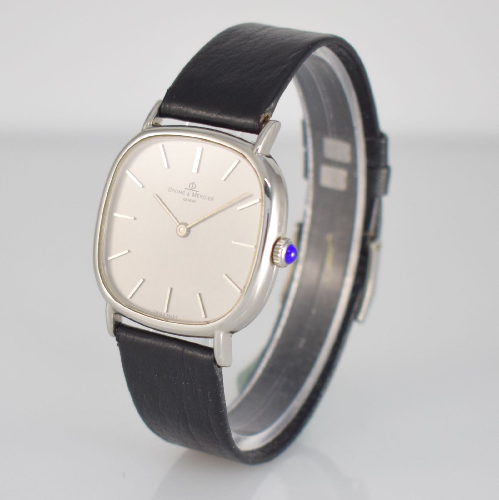 BAUME & MERCIER Armbanduhr, Handaufzug, Schweiz um 1970, Edelstahlgeh., Boden aufgedr., Lederband m. - Bild 4 aus 7