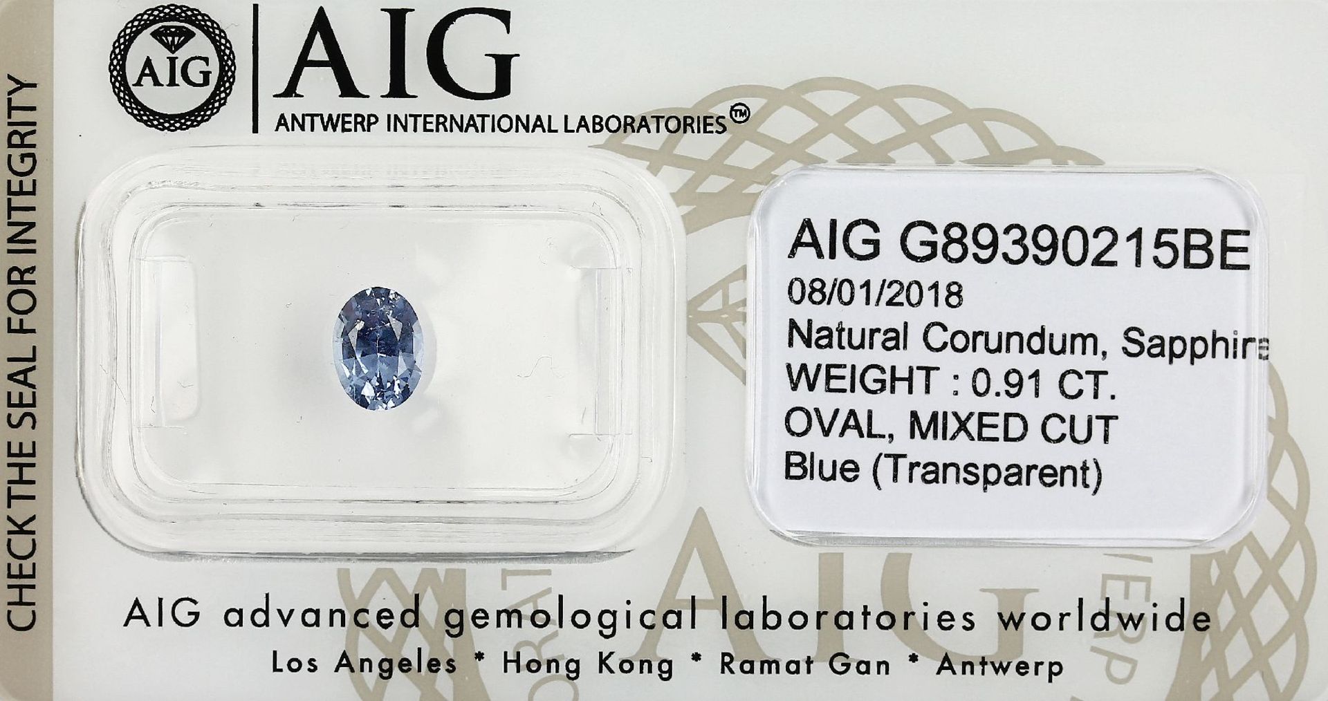 Loser Saphir ca. 0.91 ct , oval facett., 6.66 x 4.93 x 3.54 mm, mit AIG Zertifikat, verschweißtLoose