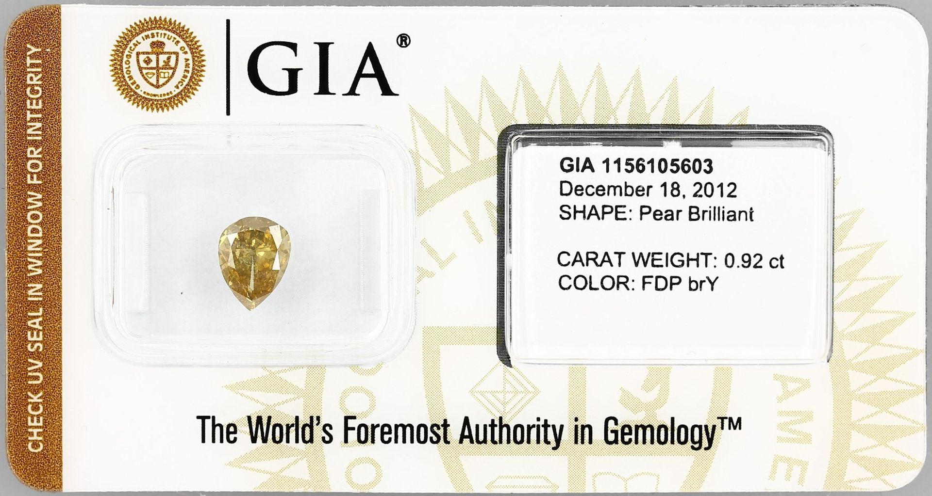 Loser Diamant, 0.92 ct Natural Fancy Deep Brownish Yellow, tropfenf. facett., 8.11 x 6.19 x 2.84 mm,