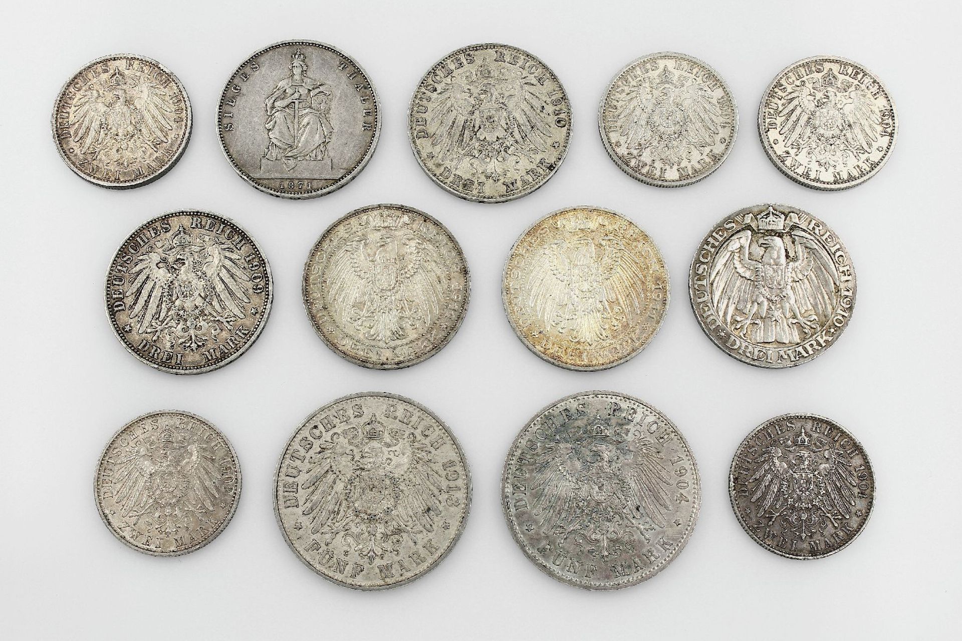 Konvolut 14 Silbermünzen, Deutsches Reich, best. aus: 1 x 1 Siegesthaler, Preussen, 1871, 1 x 5 - Bild 2 aus 2