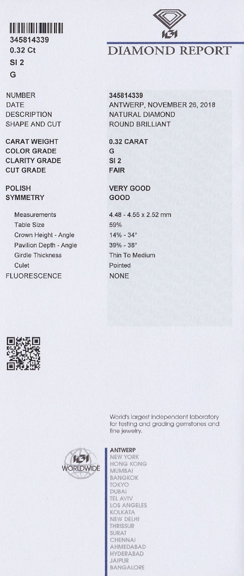 Loser Brillant 0.32 ct feines Weiß (G)/si 2, mit IGI Expertise, verschweißt Schätzpreis: 830, - - Bild 2 aus 2