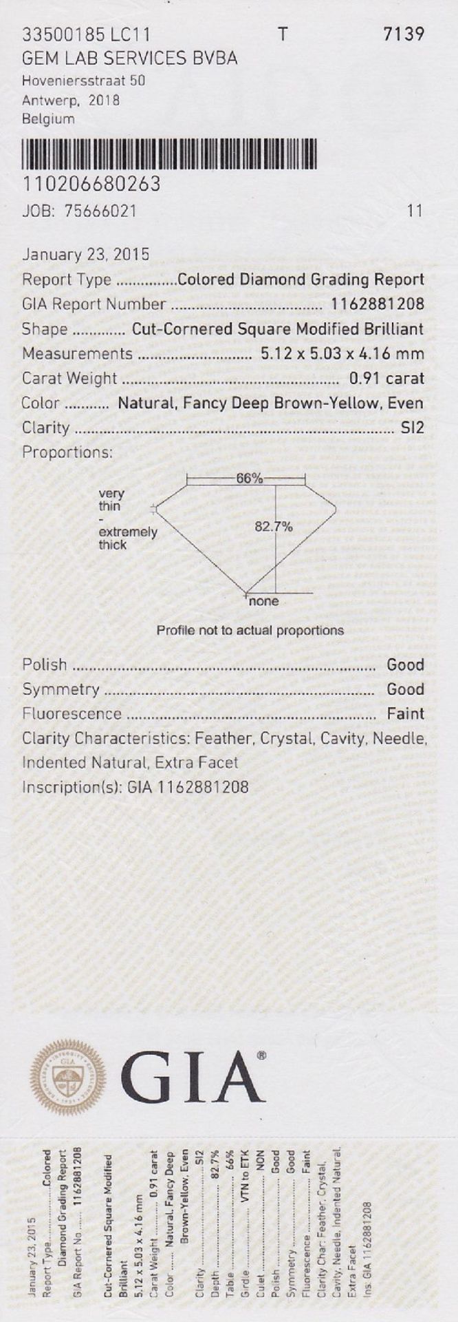 Loser Diamant, 0.91 ct Natural Fancy Deep Brown-Yellow/si2, cut-cornered quadrat. facett., 5.12 x - Bild 4 aus 4