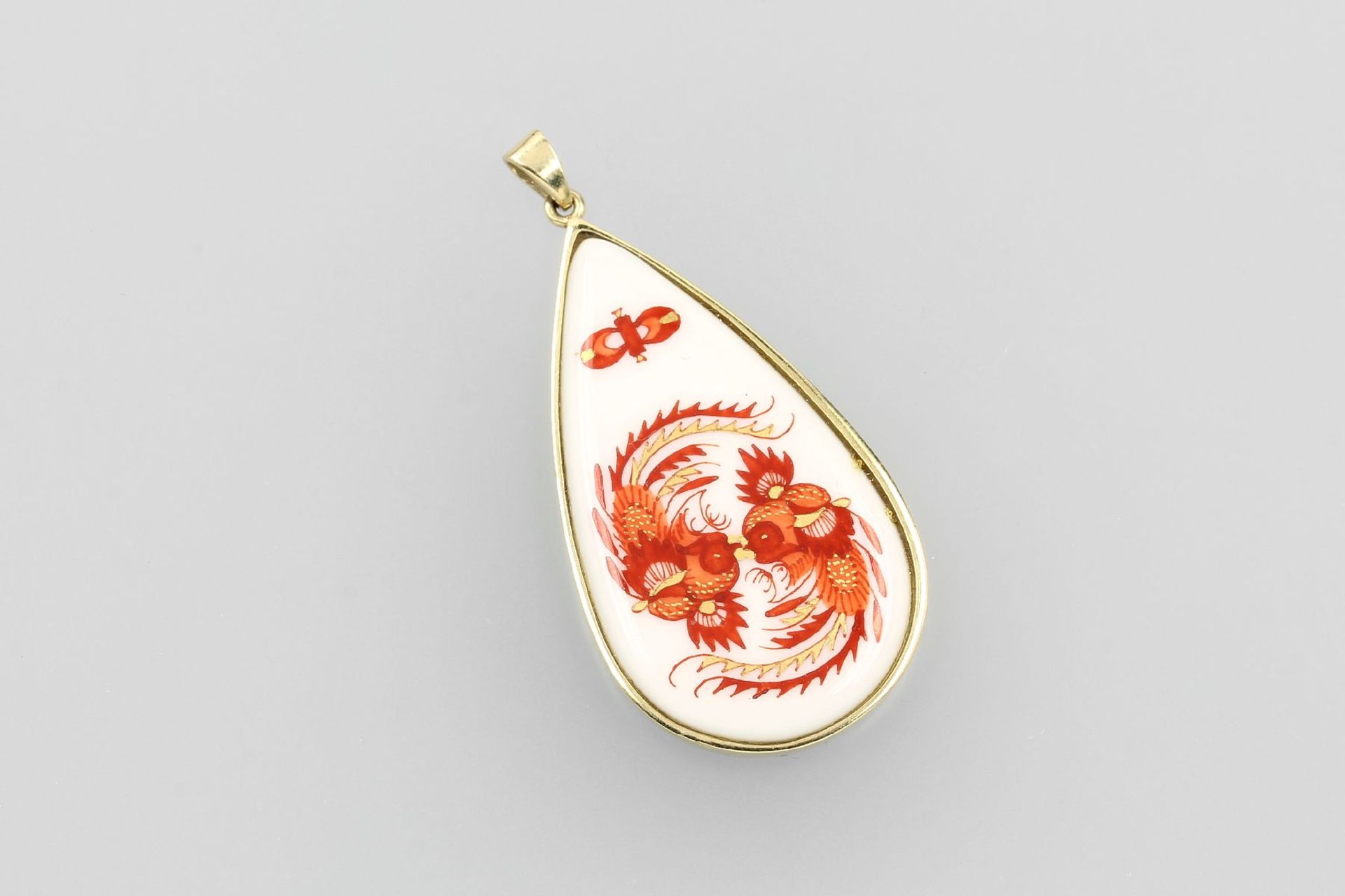 MEISSEN Anhänger, GG 585/000, rote chinesische Drachenmalerei, Fassung GG, rs. sign., L. ca. 4.8
