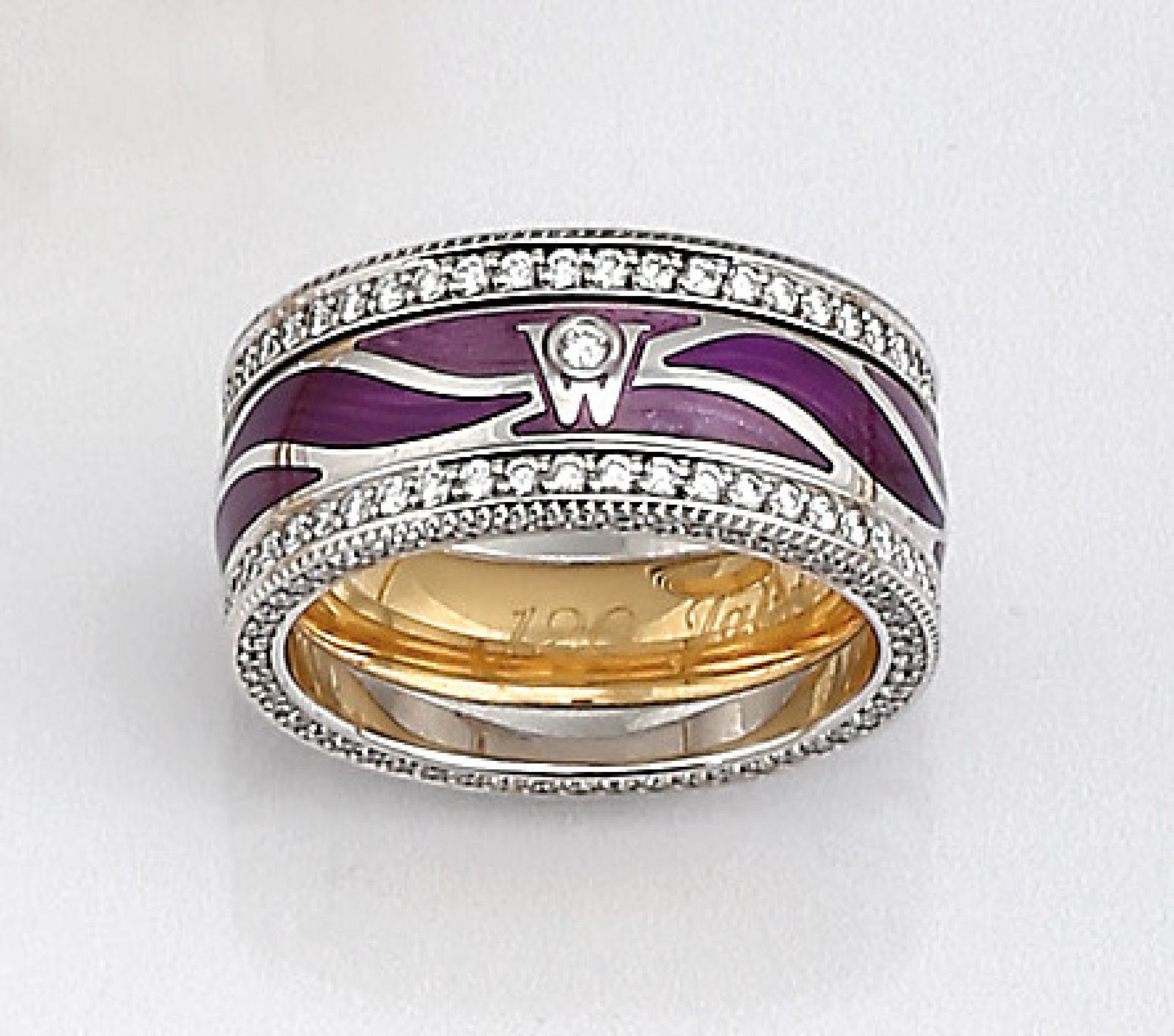 18 kt Gold WELLENDORFF Ring "Zauber der Harm- onie", GG/WG 750/000, lilafarb. Kaltemail in 2