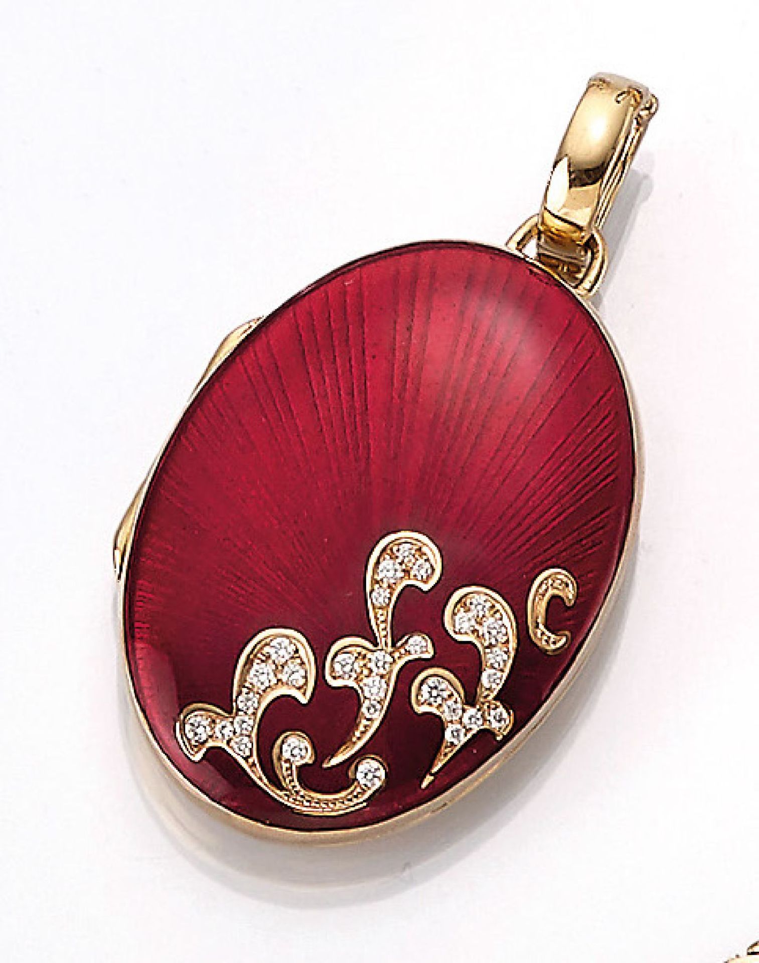 18 kt Gold FABERGE Anhänger mit Brillanten, GG 750/000, Vorderseite transluzid rot emaill., auf