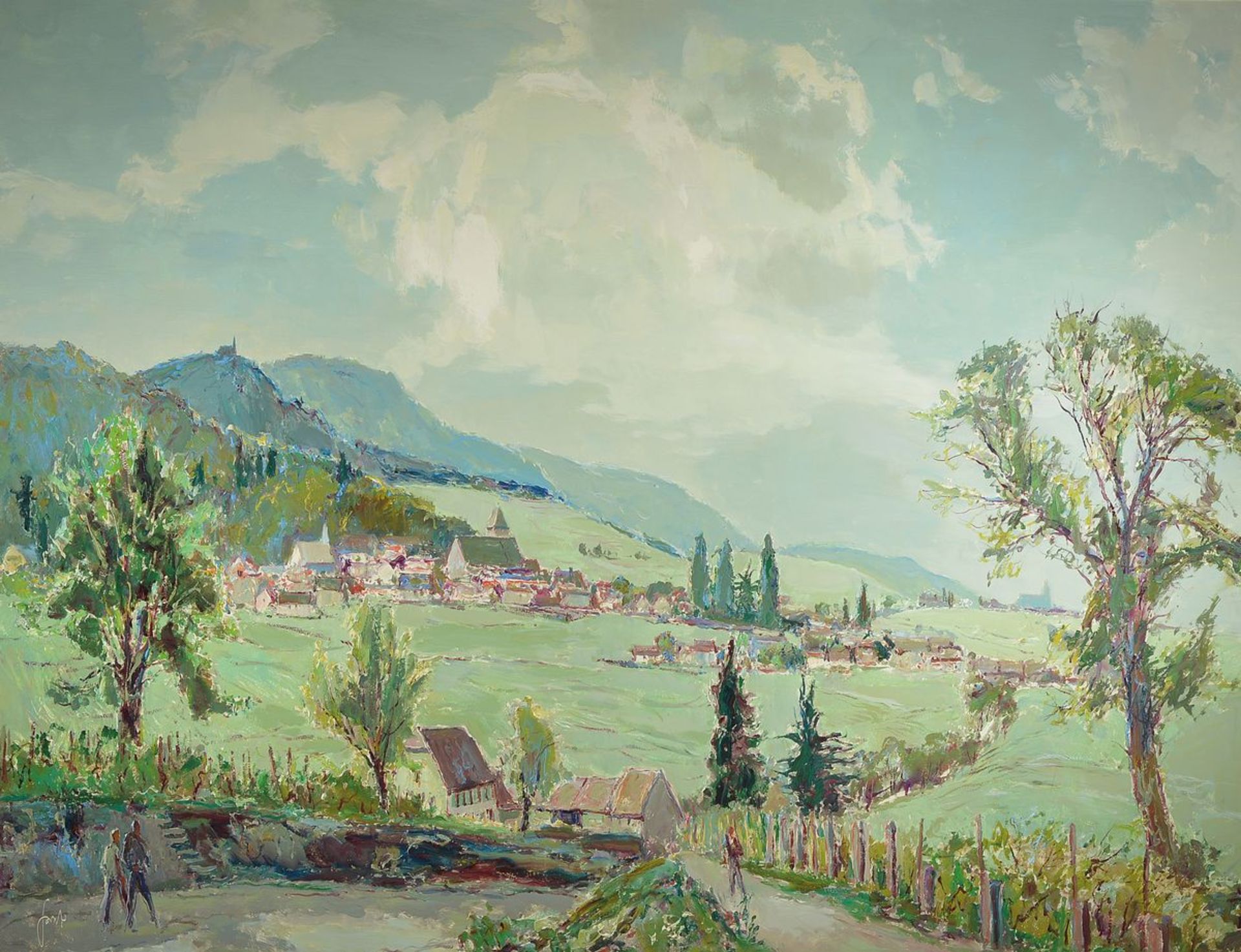 Karl Graf, 1902-1986 Speyer, Landschaft in der Pfalz mit Blick auf ein Dorf, wohl Gimmeldingen, Öl/