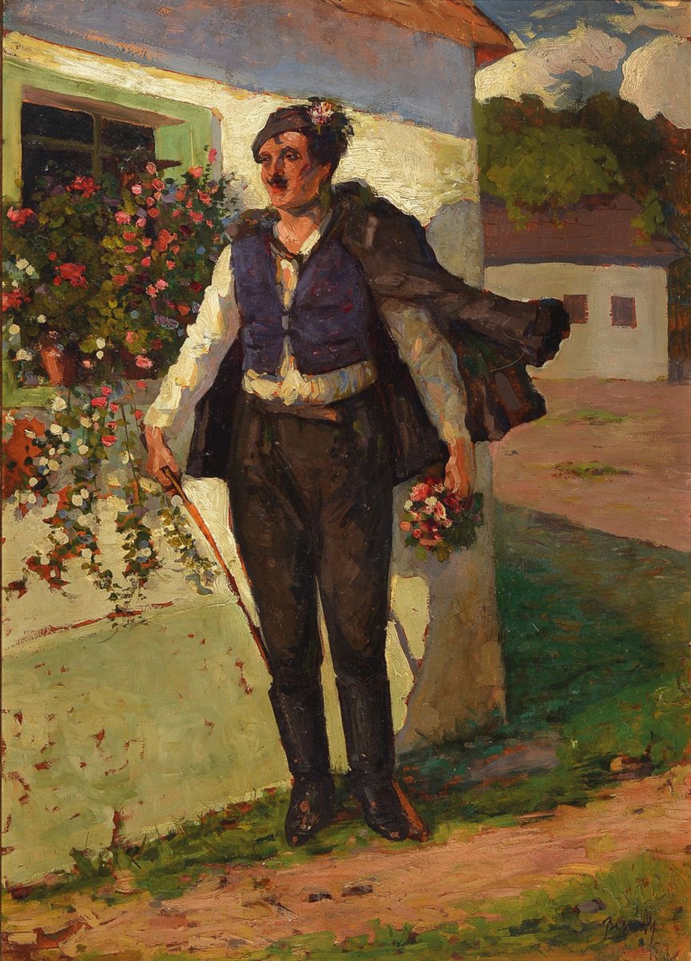 Biro Mihaly, 1886 - 1948, ungarischer Bauer mit Blumenpräsent, Öl/Platte, rechts unten signiert, ca.
