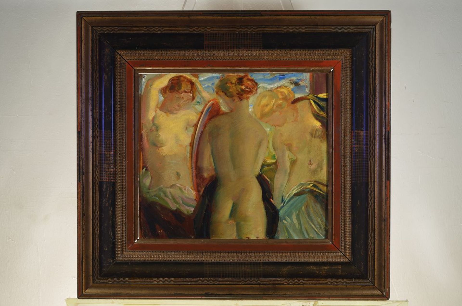 Lois Gruber, Maler des frühen 20. Jh., die drei Grazien, Öl/Malkarton, links unten signiert, ca. - Bild 3 aus 3
