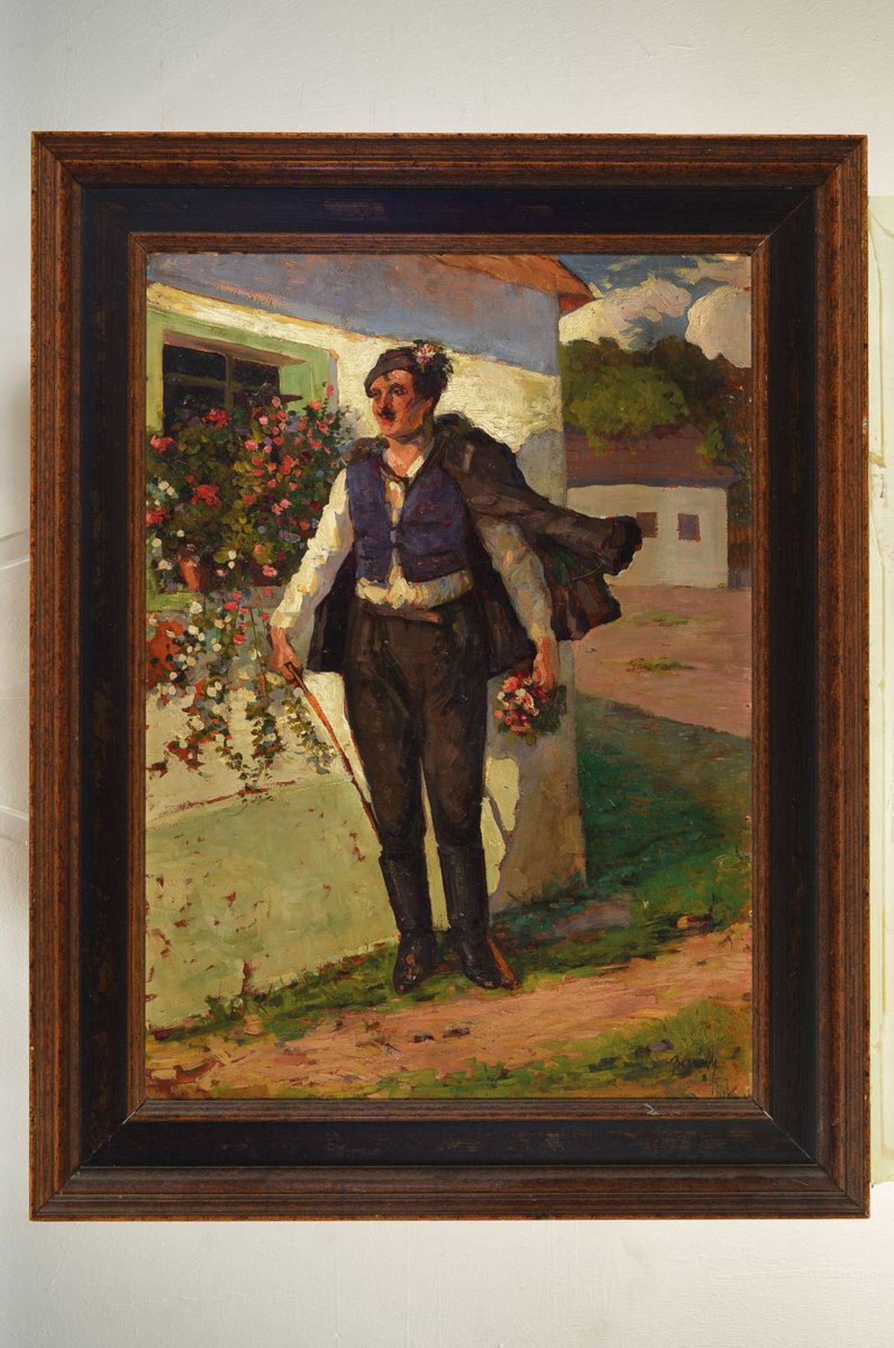 Biro Mihaly, 1886 - 1948, ungarischer Bauer mit Blumenpräsent, Öl/Platte, rechts unten signiert, ca. - Bild 2 aus 2