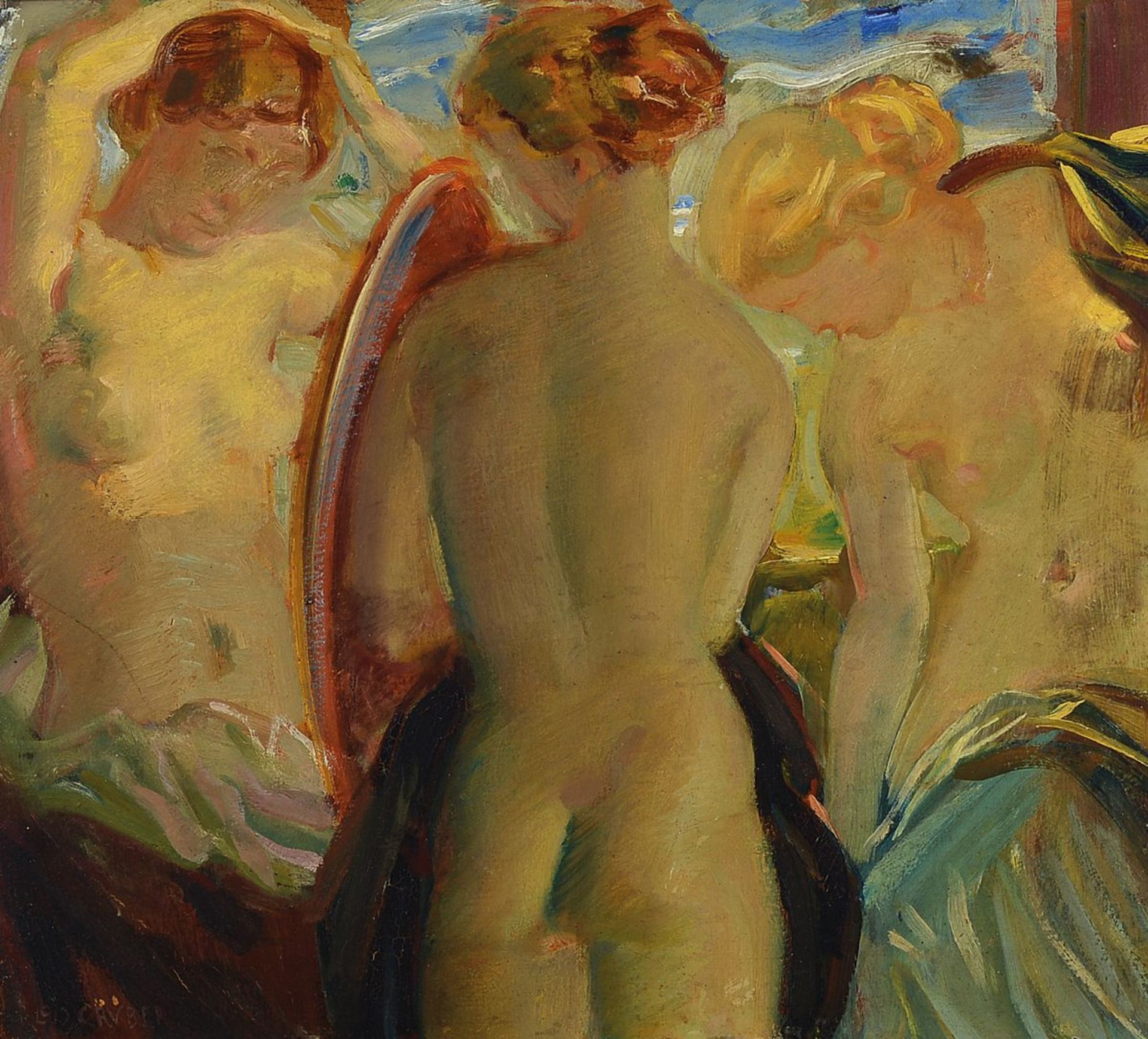 Lois Gruber, Maler des frühen 20. Jh., die drei Grazien, Öl/Malkarton, links unten signiert, ca.