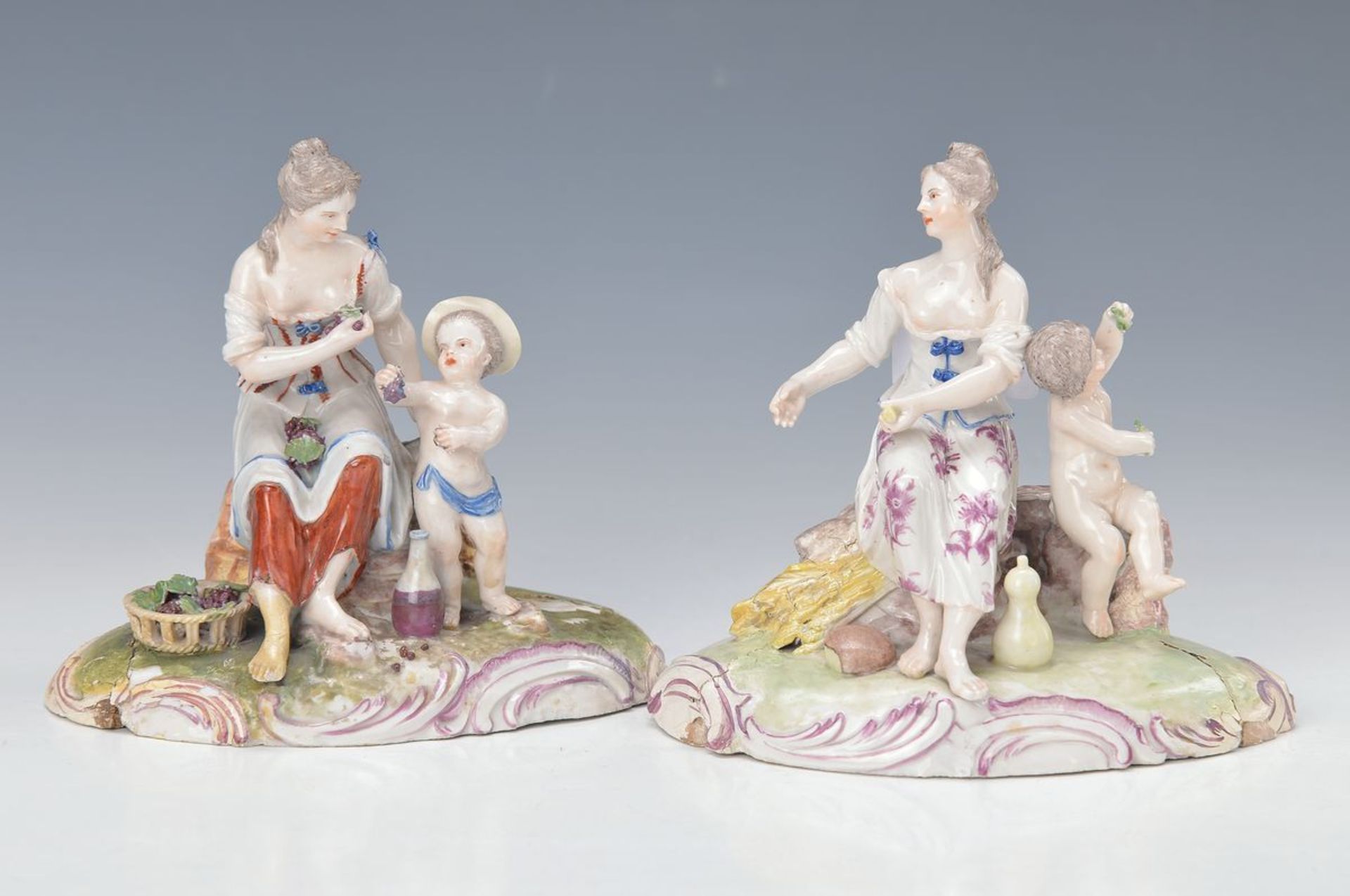 2 Porzellangruppen, Ludwigsburg, 1780, Porzellan, polychrom bemalt, Mädchen mit Putto, stark