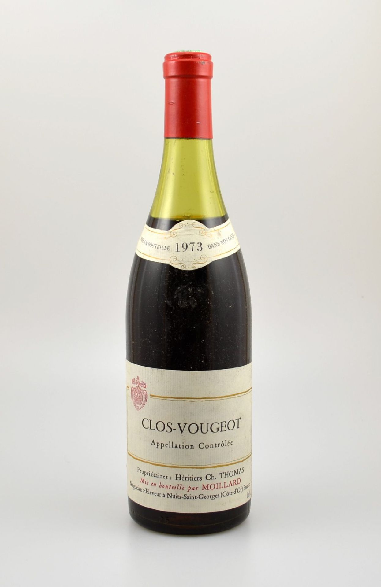 5 Flaschen 1973 Clos-Vougeot, Nuits-Saint-Georges, Heritiers Ch. Thomas, je ca. 73 cl, Abstände
