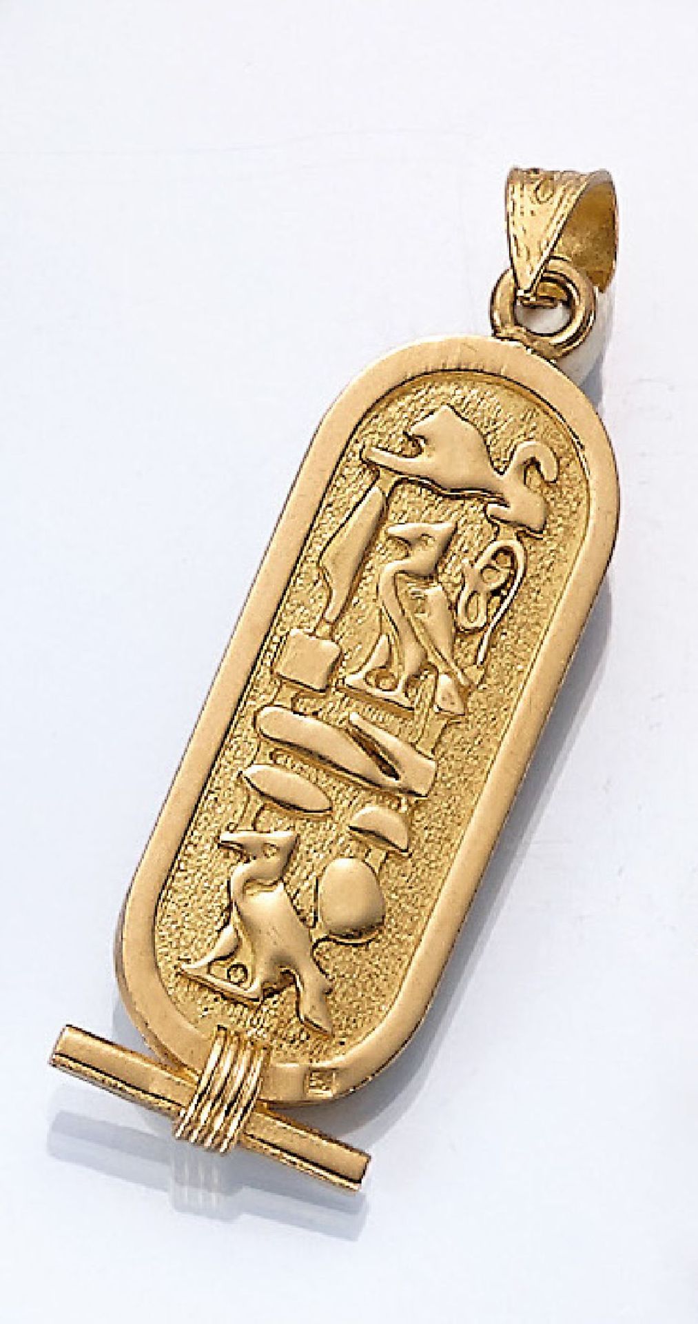 18 kt Gold Anhänger, ca. 11.3 g, GG 750/000, ägyptisierende Darstellung, L. ca. 5.5 cm18 kt gold