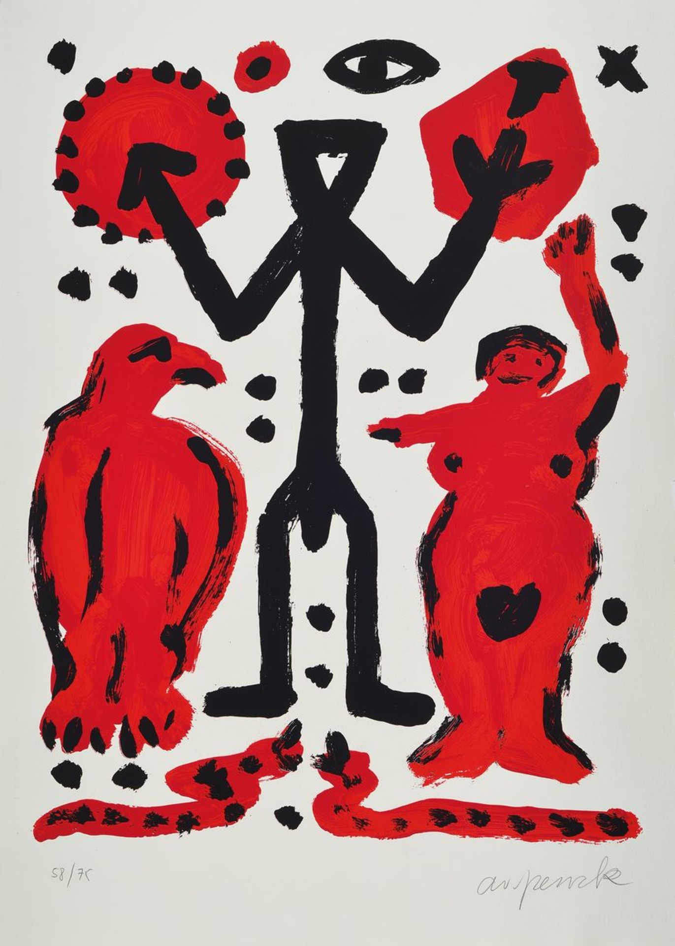 A.R. Penck, 1939-2017, Farbserigraphie, Frau mit Vogel, signiert und nummeriert 58/75,ca. 70x50