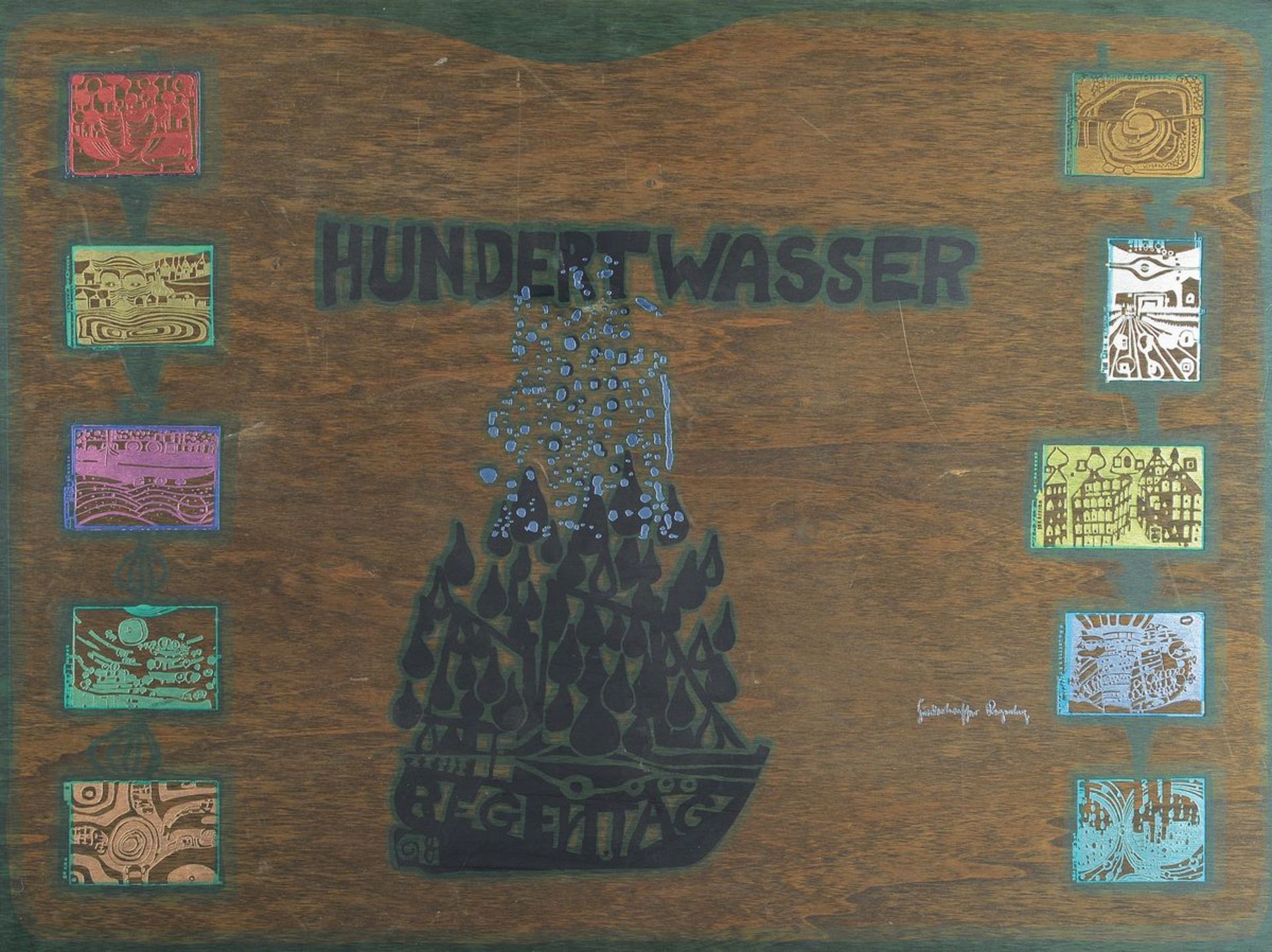 Friedensreich Hundertwasser, 1928-2000, Holzkassette der Regentagmappe, orig. Kassette für 10