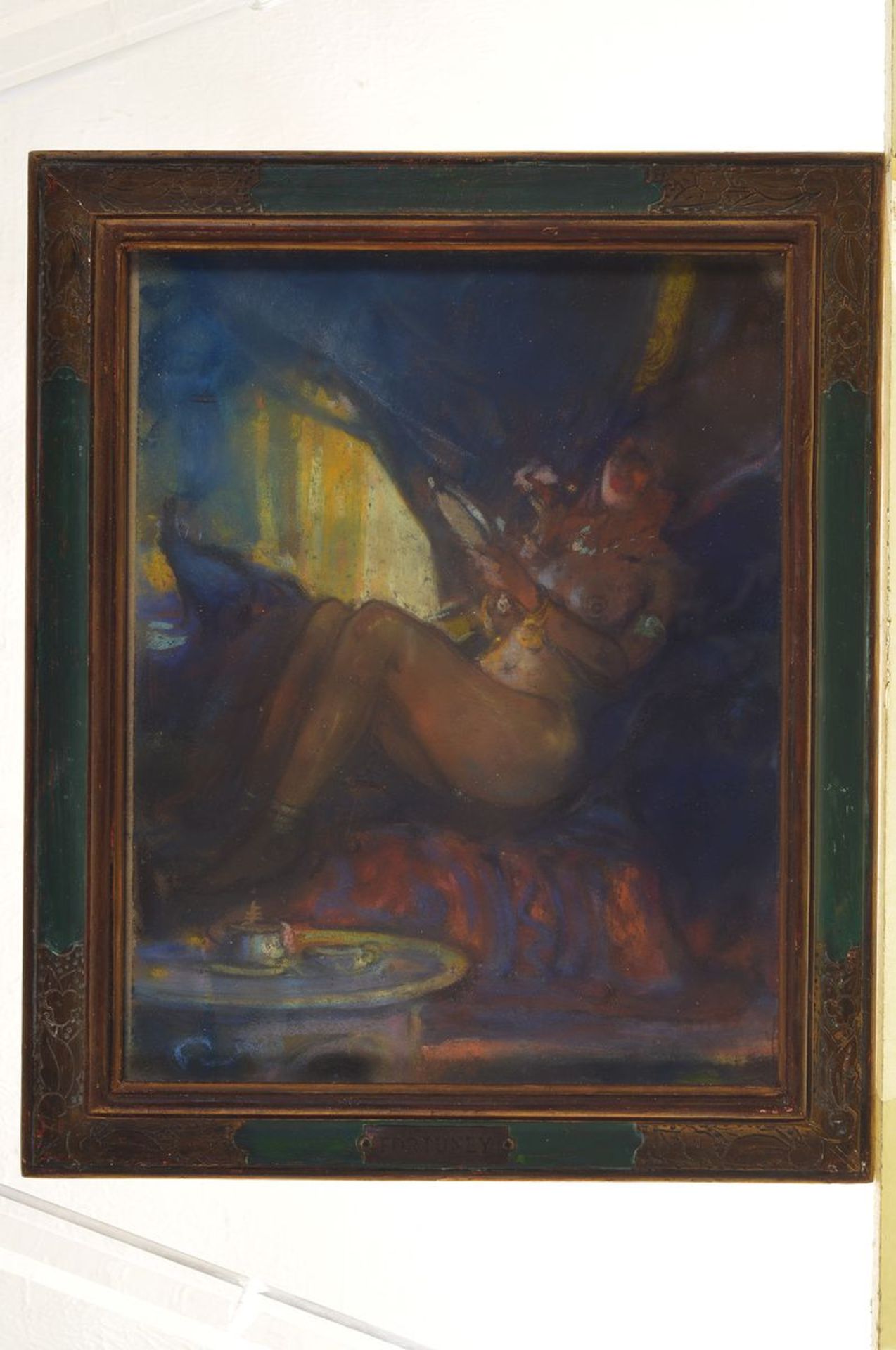 Louis Fortuney, 1875-1951, Aquarell, Boudoir-Szene, Alterssp., unter Glas gerahmt, ca. 32x25 / 39x32 - Bild 2 aus 2