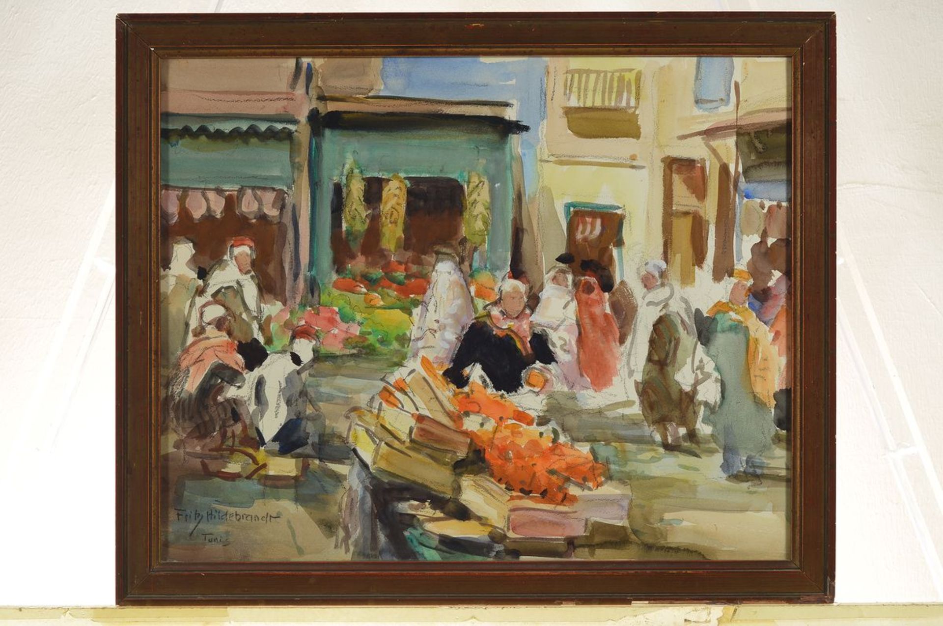 Fritz Hildebrandt, 1878-1970, Aquarell auf Papier, belebter Markt in Tunis, links unten signiert und - Bild 3 aus 4