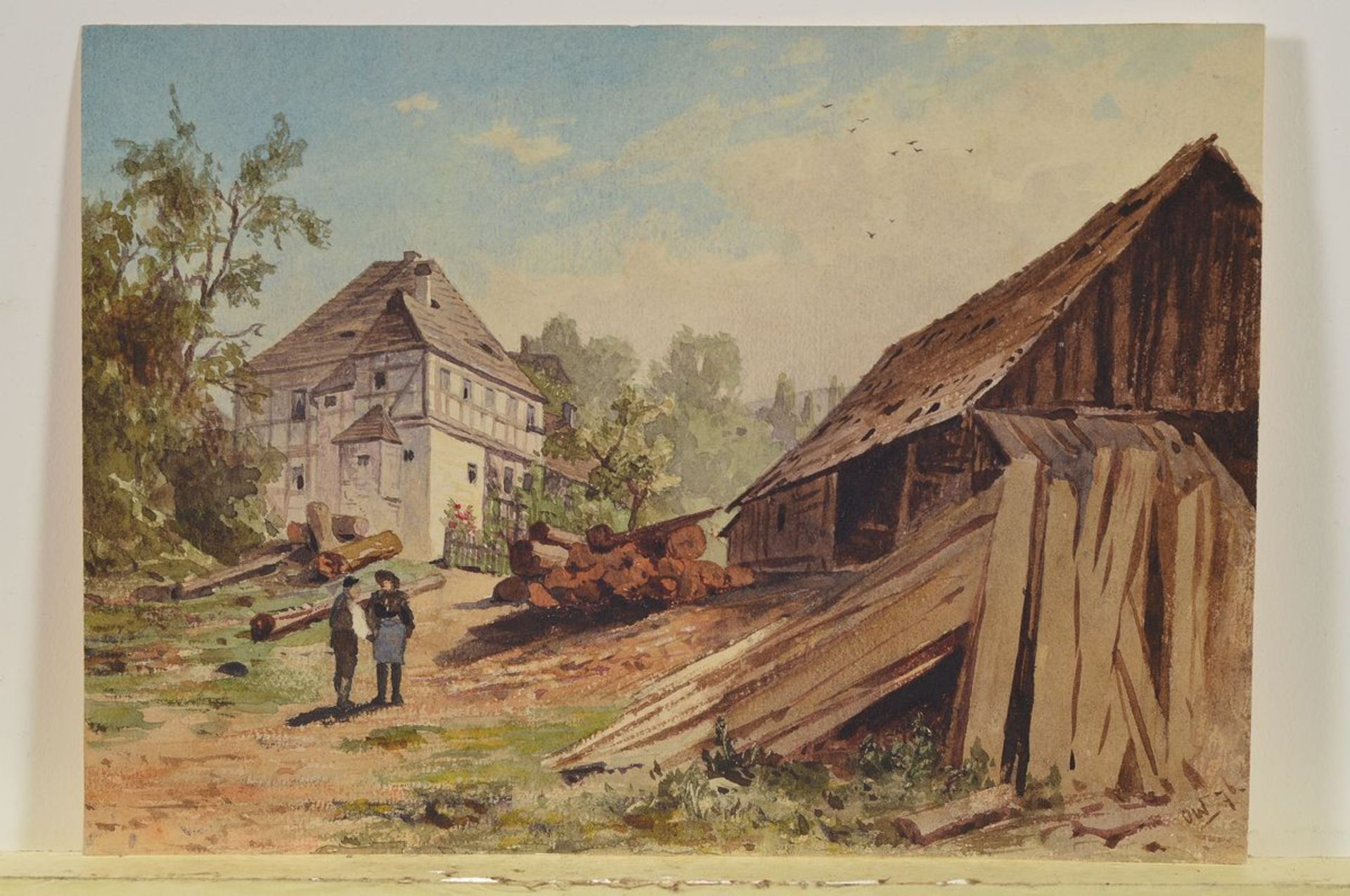 Olof Winkler, 1843-1895, zwei Personen im Gespräch vor dem Schuppen eines Bauerngehöftes, Aquarell - Bild 3 aus 4