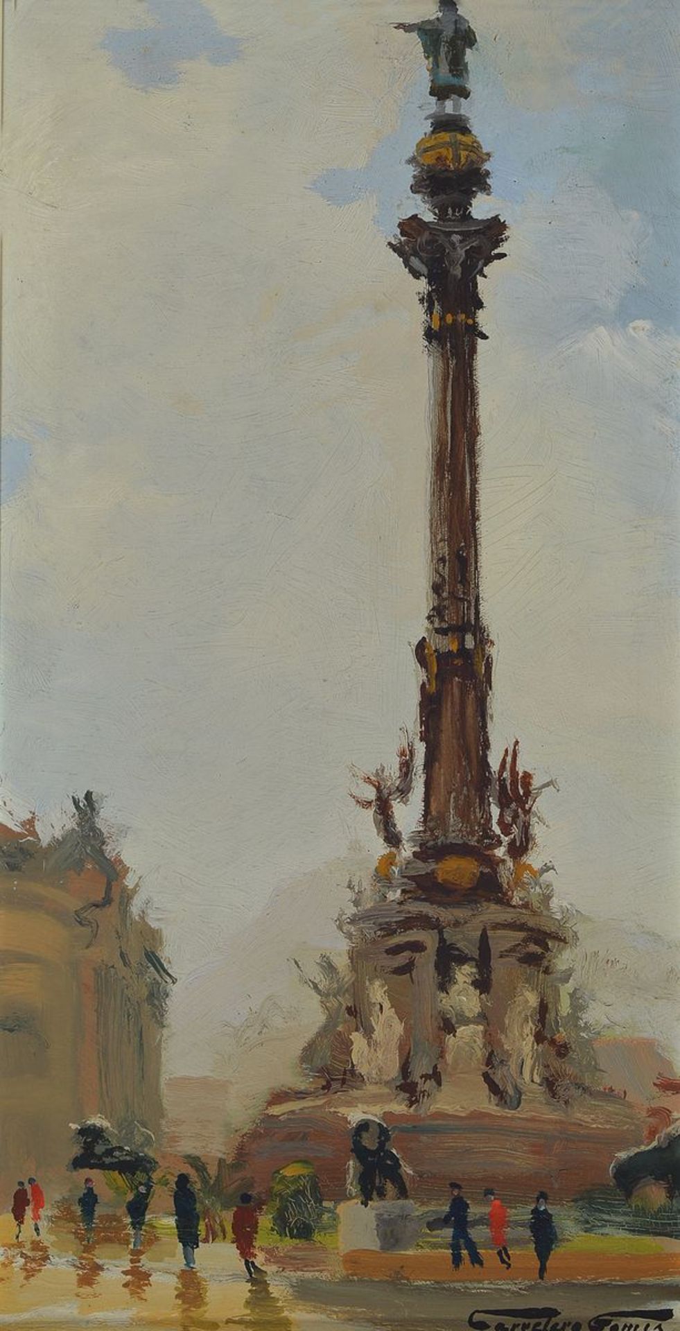 Josip Carretera Gomis, 1905-1996, Die Kolumbus-Säule in Barcelona, Öl/Hartfaser, rechts unten
