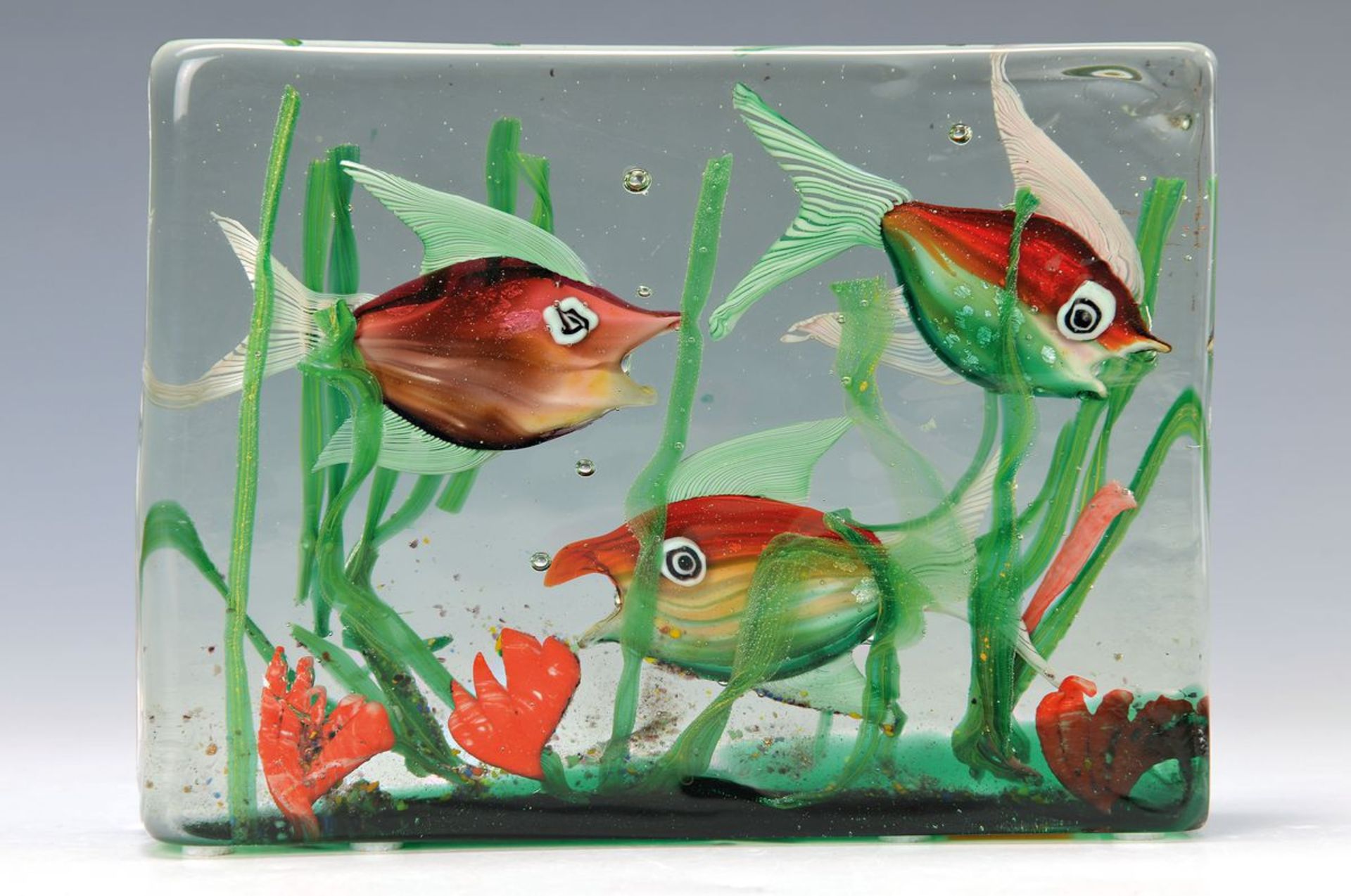 Glasskulptur, Murano Italien, 1970er Jahre, Aquarium, mundgeblasenes Glas mit bunten Einschmelzungen