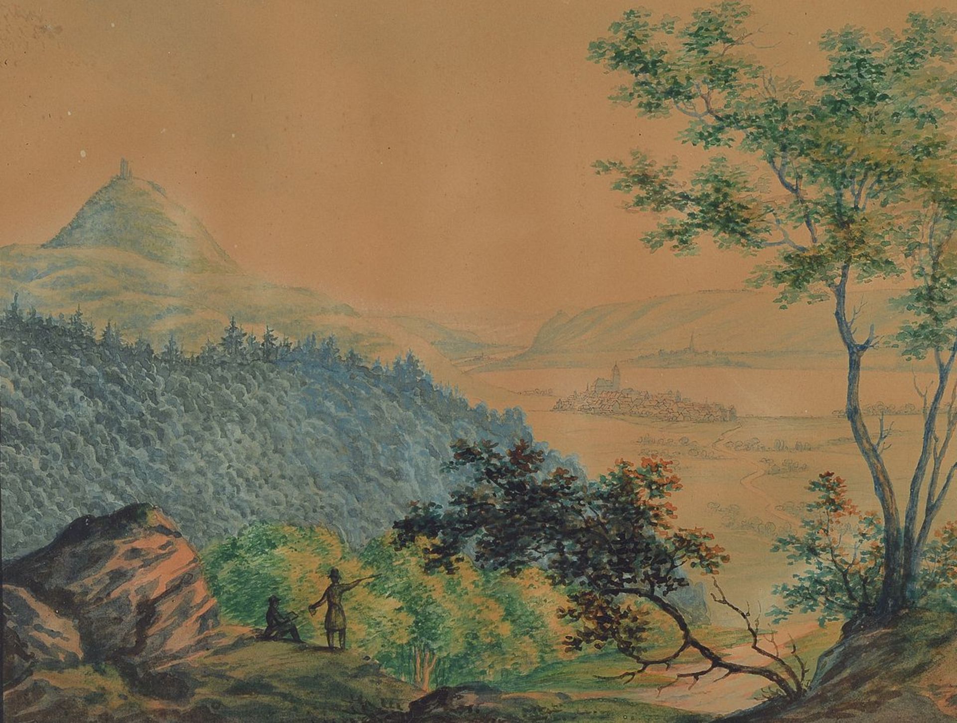 Unbekannter Maler, um 1820-30, Blick aus dem Siebengebirge auf Drachenfels und Königswinter, Gouache