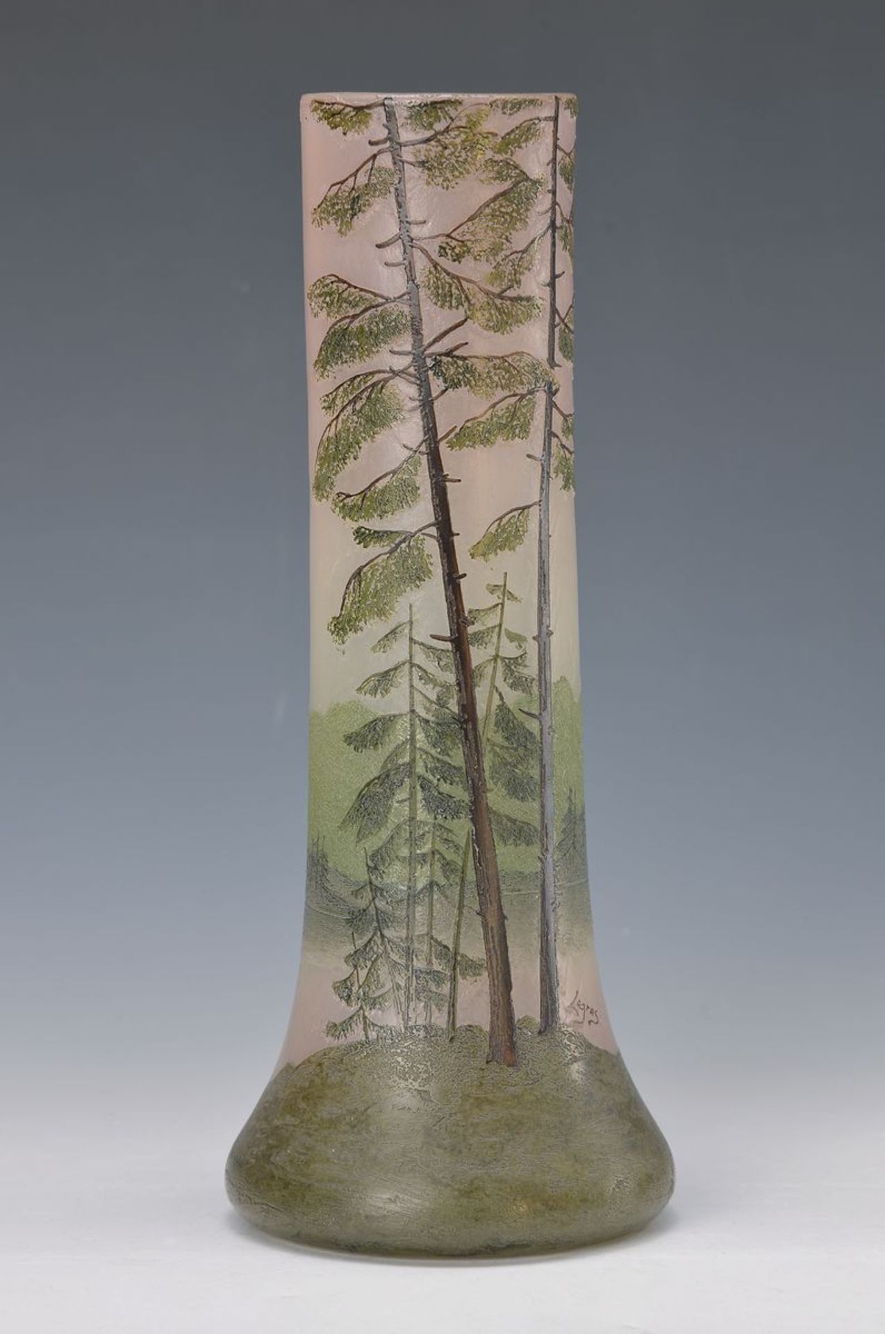 Vase, Legras, 1930er Jahre, farbloses Glas, mattiert, mit Landschaftsdekor, Waldlandschaft,