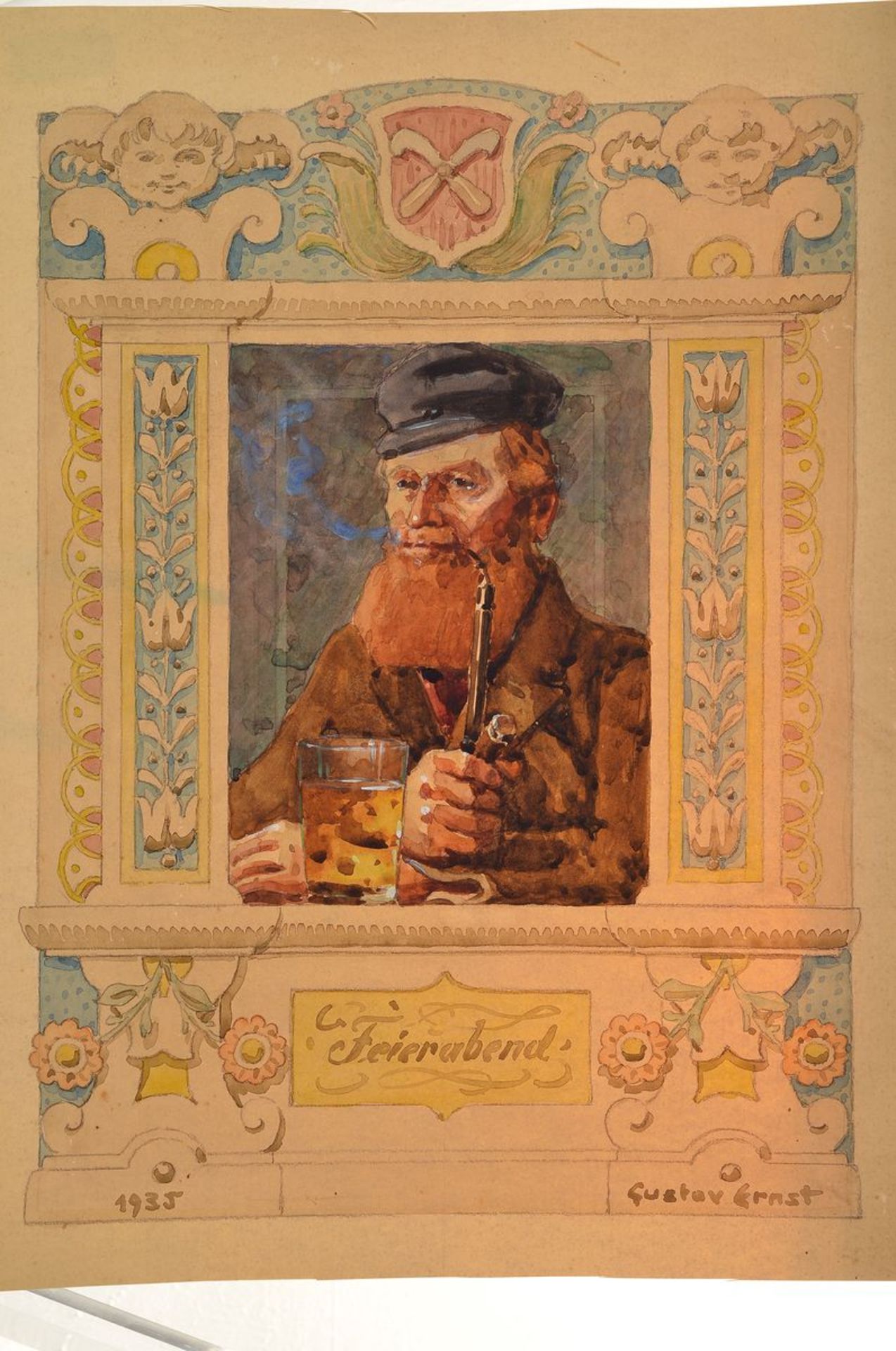 Gustav Ernst, 1858 Elsterberg-1945 Bad Dürkheim, "Feierabend", Entwurf zu einem Wandgemälde von - Bild 3 aus 4