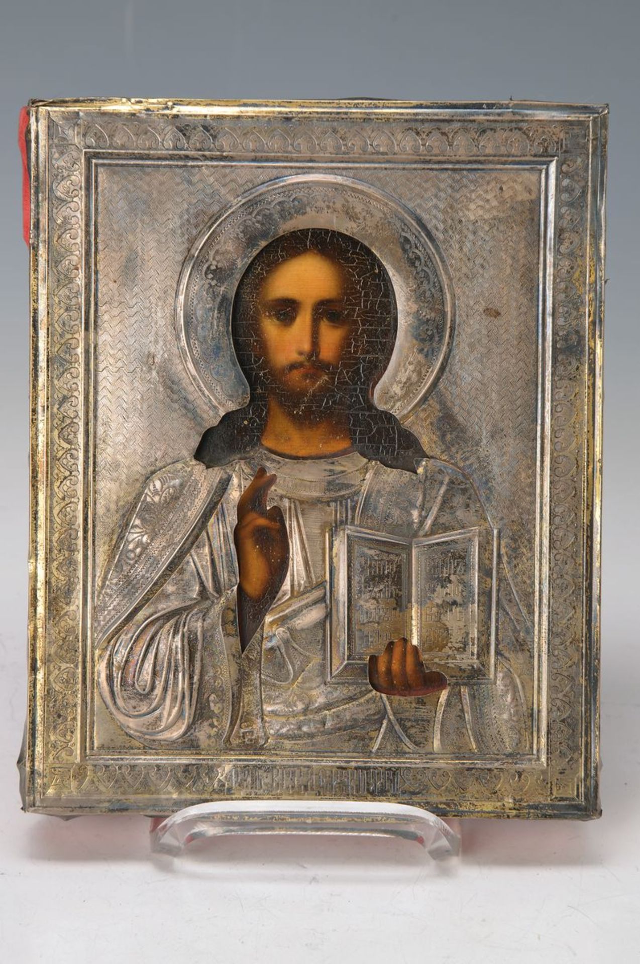 Ikone, Russland, 1908-17, Tempera mit Silberoklad (ca. 800er) auf Holz, Christus Pantokrator,
