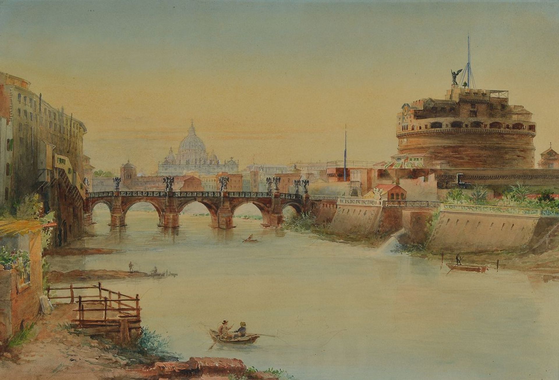 Unbekannter Künstler, um 1900, Ansicht aus Rom mit Engelsburg, Engelsbrücke, Tiber und im