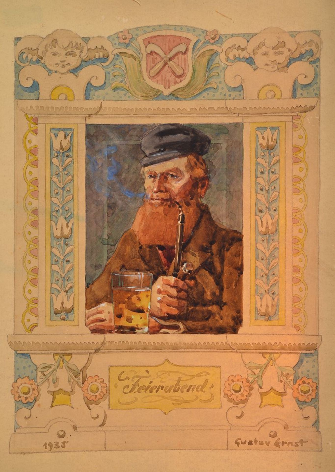 Gustav Ernst, 1858 Elsterberg-1945 Bad Dürkheim, "Feierabend", Entwurf zu einem Wandgemälde von