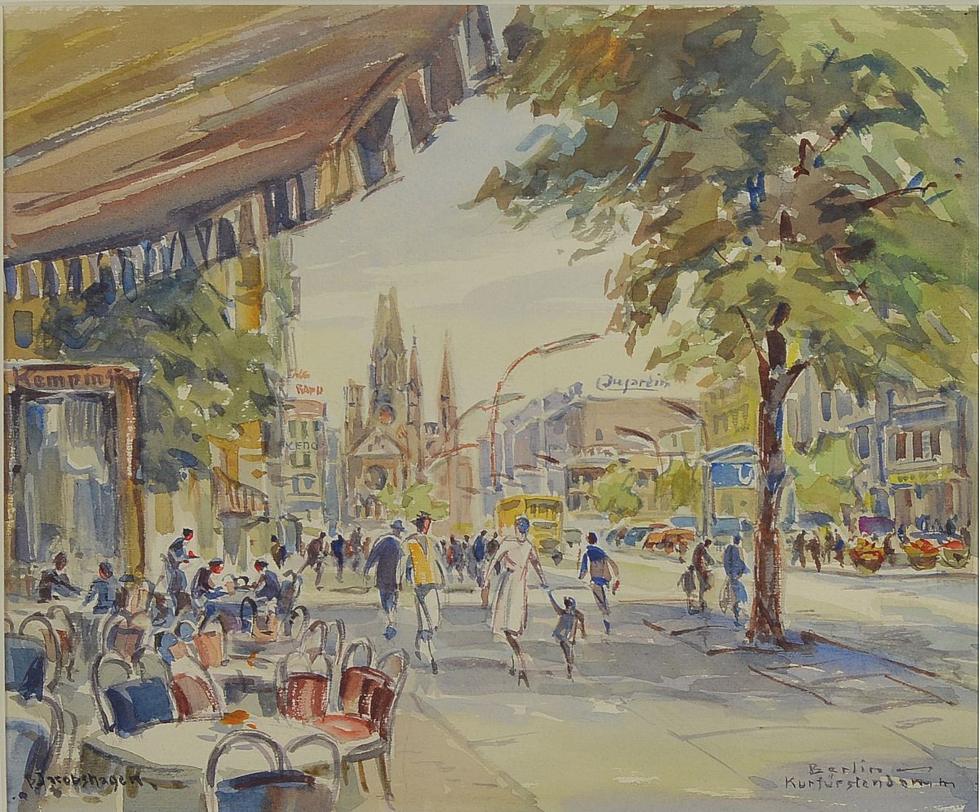 Betty Jacobshagen, Künstlerin des 20.Jh, Aquarell auf Papier, Ansicht Berlin Kurfürstendamm,