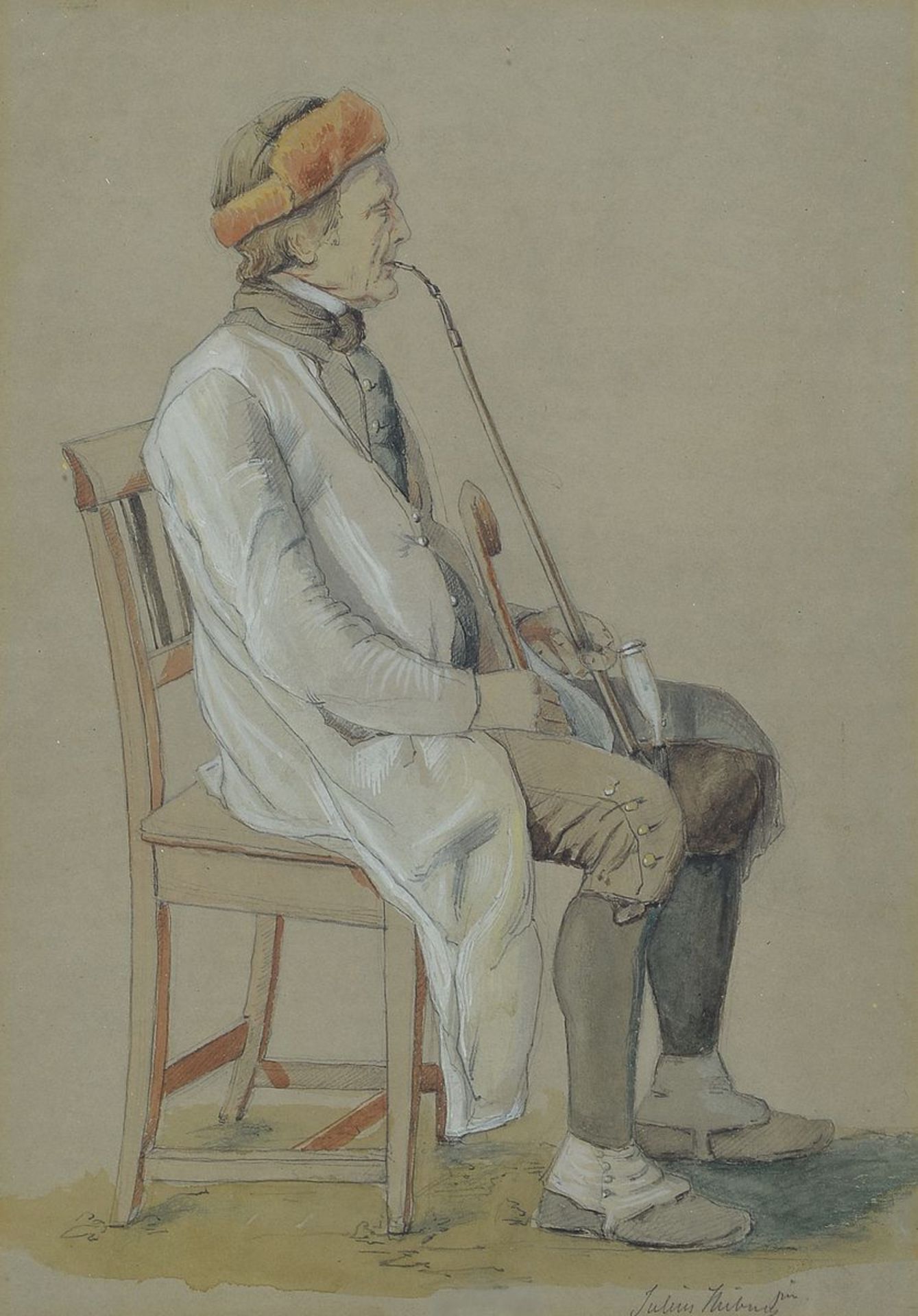 Juluis Hübner, 1806 - 1882, aquarellierte Bleistiftzeichnung, sitzender Mann mit