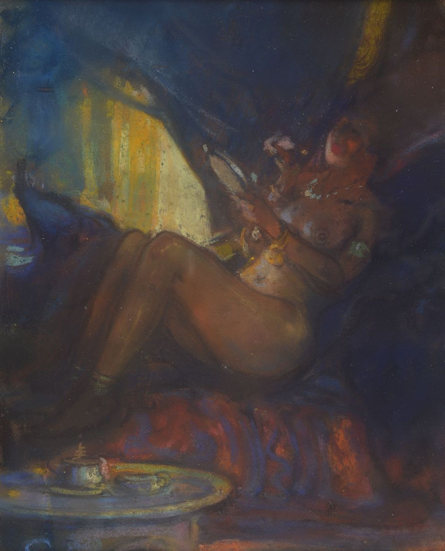 Louis Fortuney, 1875-1951, Aquarell, Boudoir-Szene, Alterssp., unter Glas gerahmt, ca. 32x25 / 39x32