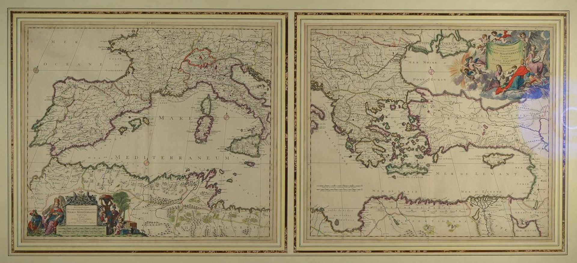 Justus Danckerts, 1635-1701, zwei Kupferstichkarten in einem großen Rahmen, Mittelmeer, West- und