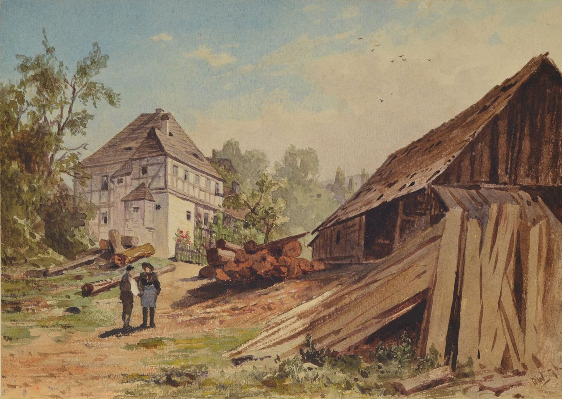 Olof Winkler, 1843-1895, zwei Personen im Gespräch vor dem Schuppen eines Bauerngehöftes, Aquarell