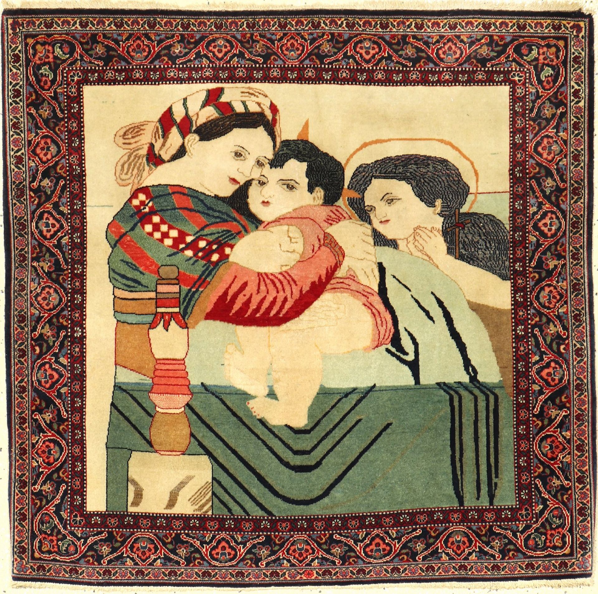 Feiner Keschan-Dabir alt (Maria & Jesus), Persien, um 1920, Korkwolle, ca. 90 x 92 cm, EHZ: 2-3.