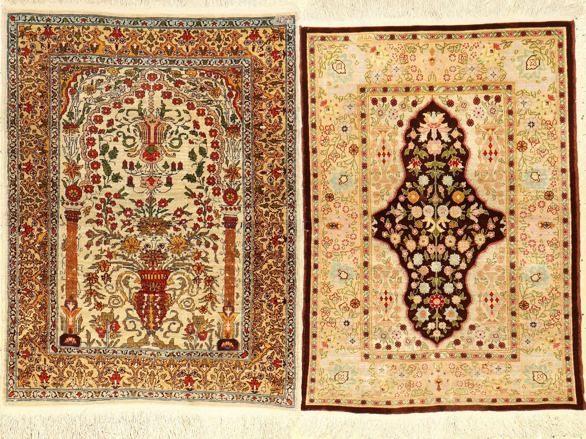 (2 Lots) Seiden Hereke alt, Türkei, ca. 40 Jahre, reine Naturseide, EHZ: 3(2 Lots) Silk Hereke Rugs,