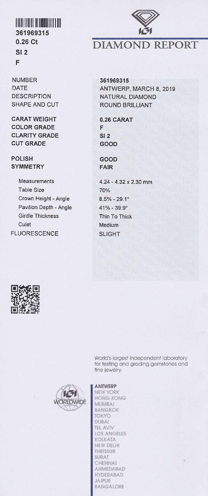 Loser Brillant, 0.26 ct feines Weiß+(F)/ si2, verschweißt, mit IGI-Expertise Schätzpreis: 580, - - Bild 2 aus 2