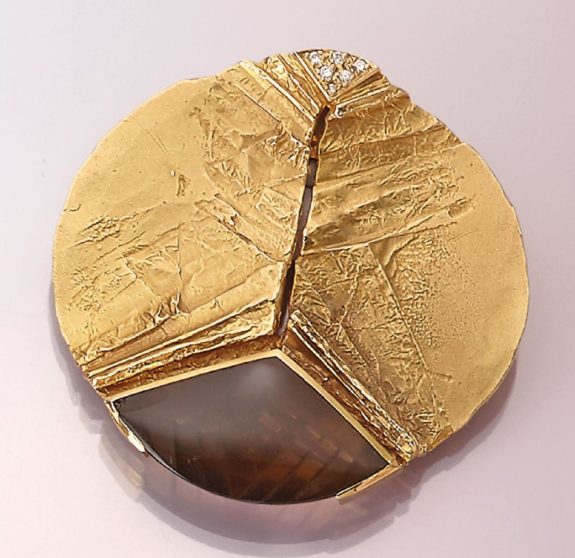 14 kt Gold Designer Brosche mit Diamanten und Rauchquarz, GG 585/000, ausgefallenes Design, z.T.