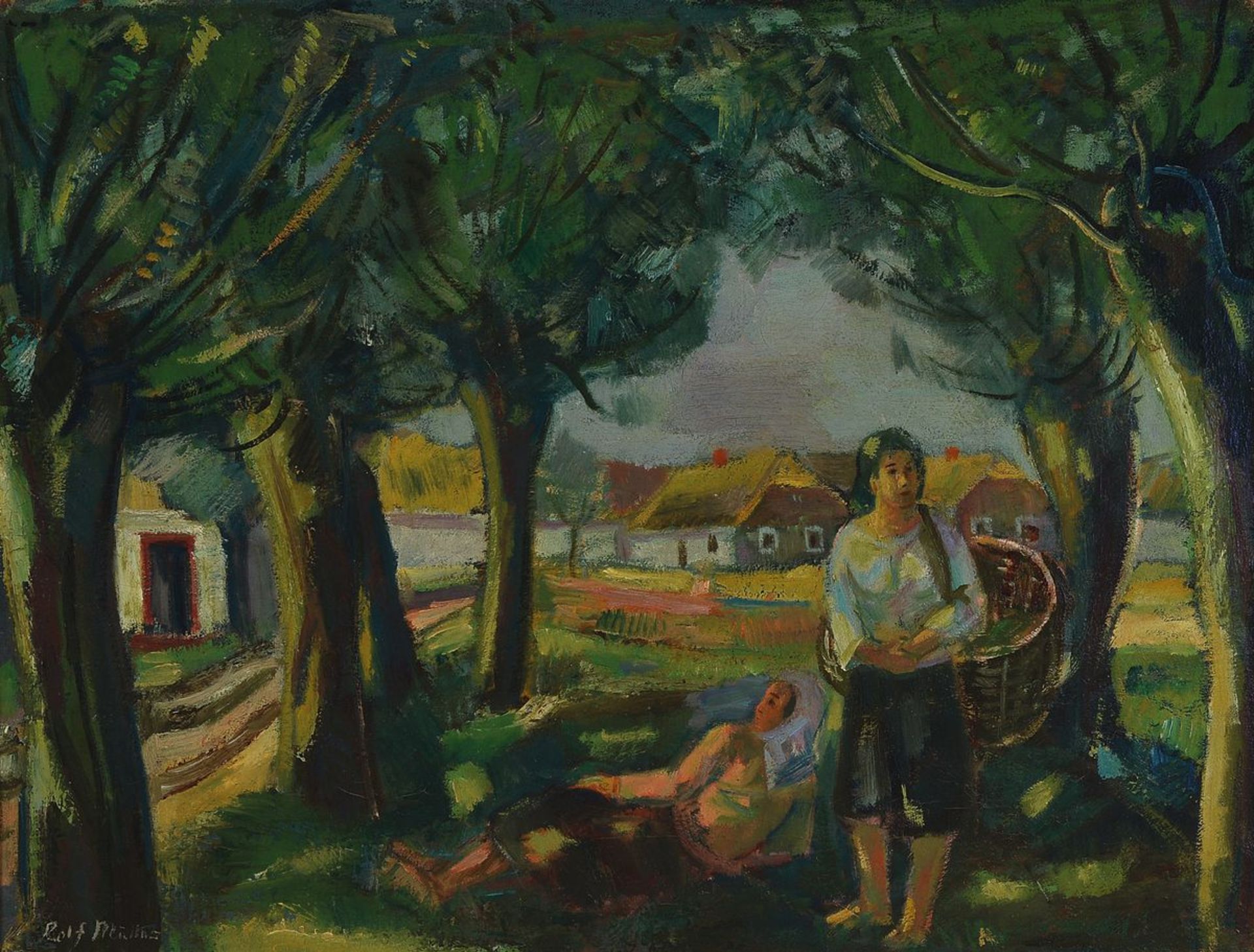 Rolf Müller-Landau, 1903-1956, verso betitelt "unter alten Weiden", idyllische Landschaft in