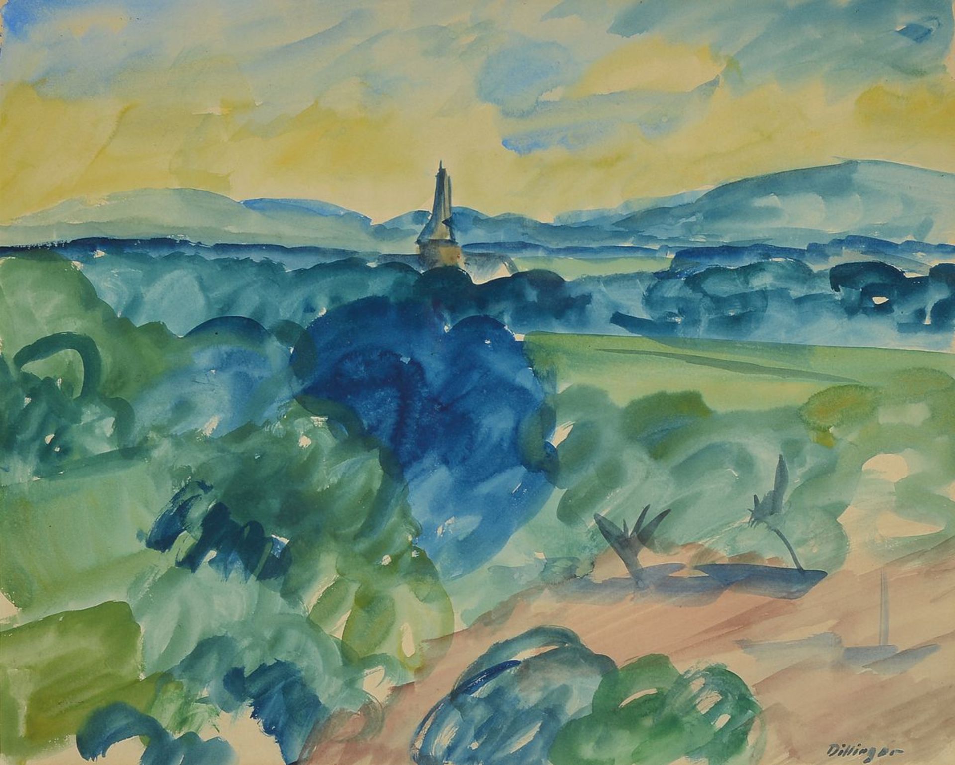 Karl Dillinger, 1882 Karwin-1941 Dirmstein/Pfalz, Weite Landschaft mit Kirchturm, Aquarell auf