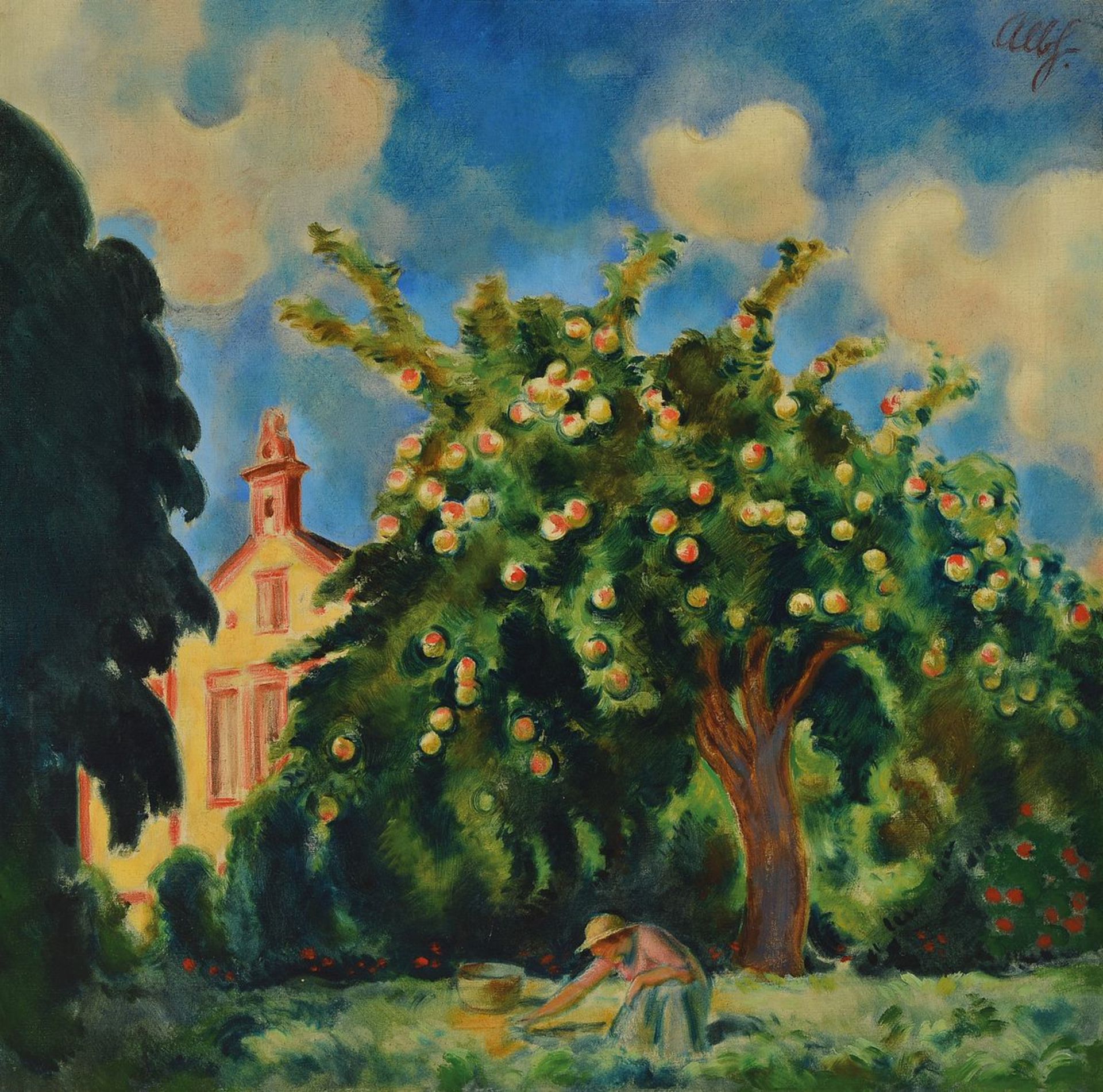 Albert Haueisen, 1872-1954, Apfelernte in südpfälzischer Dorflandschaft, Apfelbaum in reiner Art-