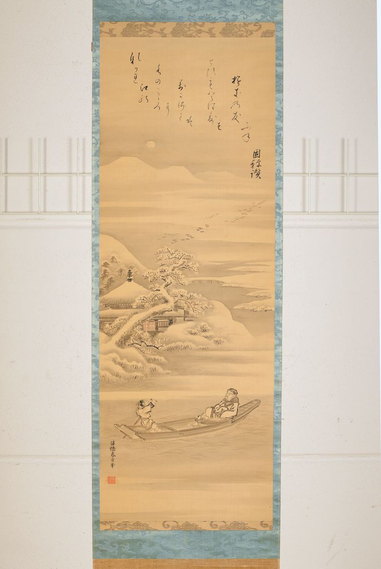 Zwei Aquarellmalereien, China, 2. Hälfte 20. Jh., verschneite Flußlandschaft mit Boot, ca. 100 x
