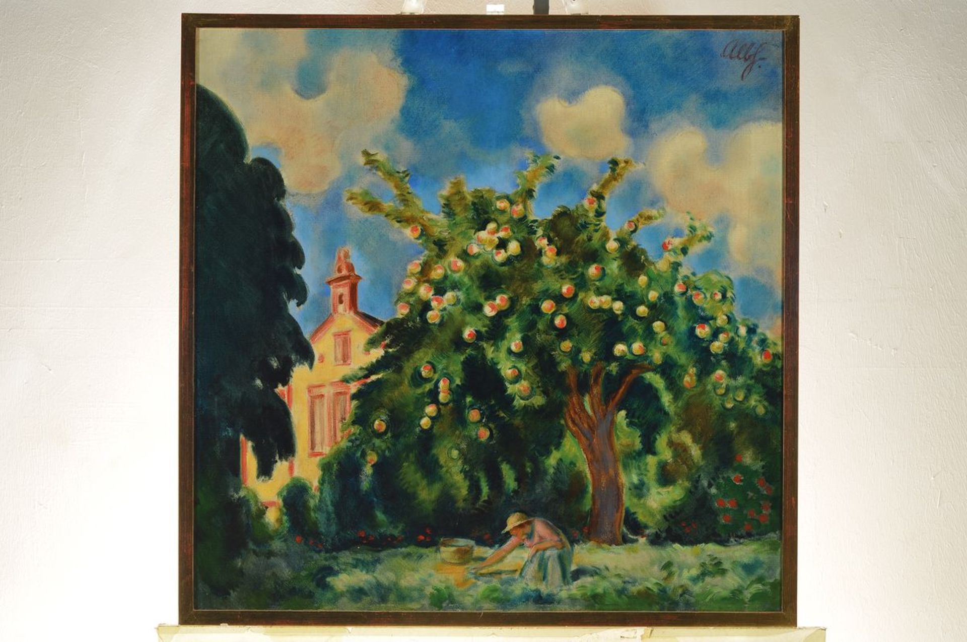Albert Haueisen, 1872-1954, Apfelernte in südpfälzischer Dorflandschaft, Apfelbaum in reiner Art- - Bild 5 aus 5