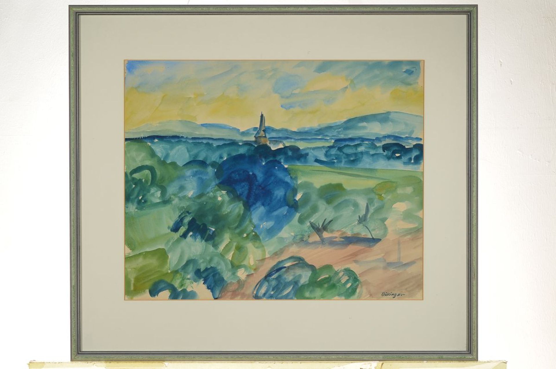 Karl Dillinger, 1882 Karwin-1941 Dirmstein/Pfalz, Weite Landschaft mit Kirchturm, Aquarell auf - Bild 5 aus 5